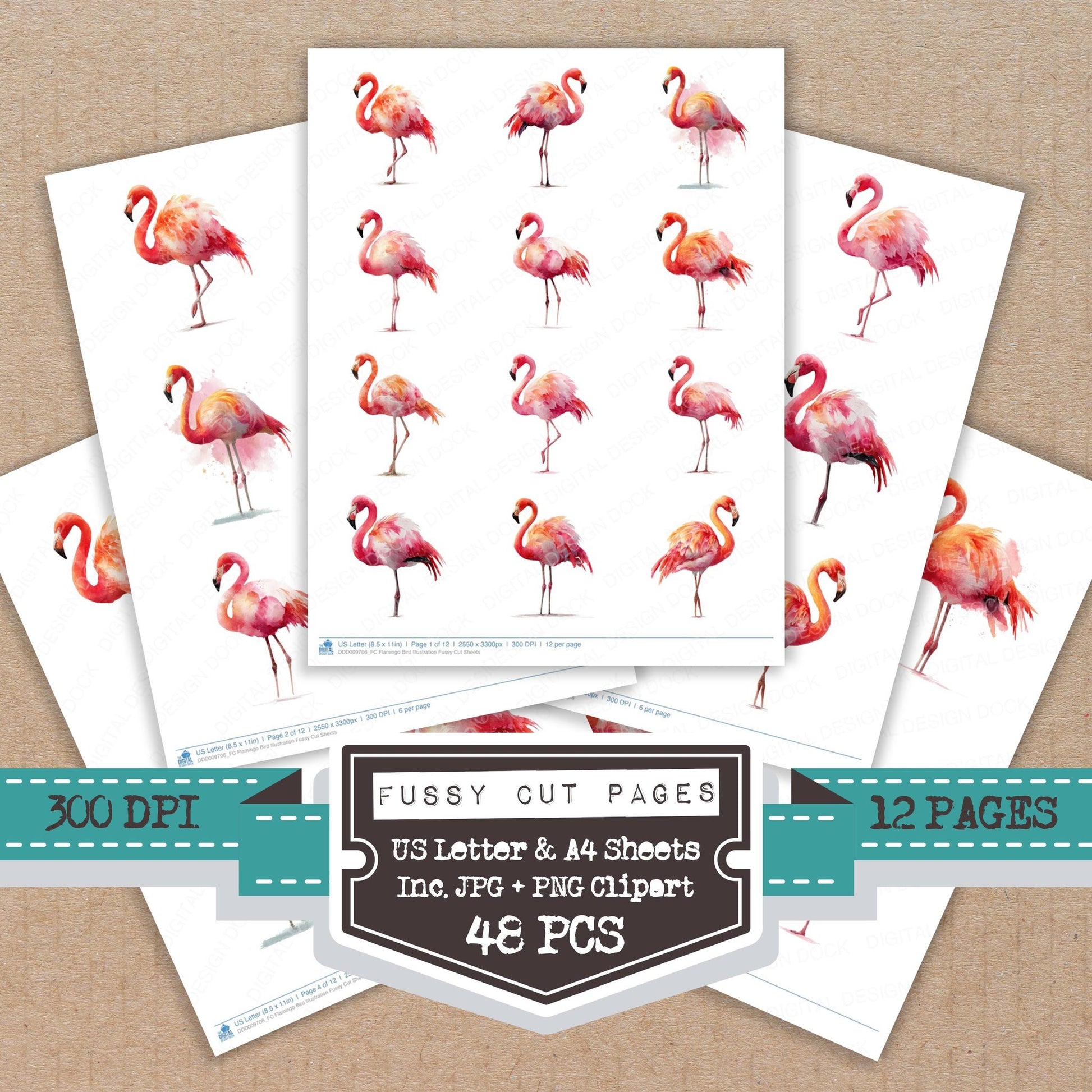 Flamingo Bird Illustration fussy cut printable sheets for junk journaling, scrapbooking, and paper craft projects