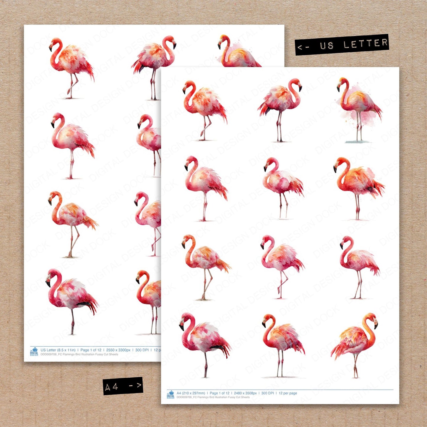 A4 and US Letter format comparison showing Flamingo Bird Illustration fussy cut pages for print and cut crafting