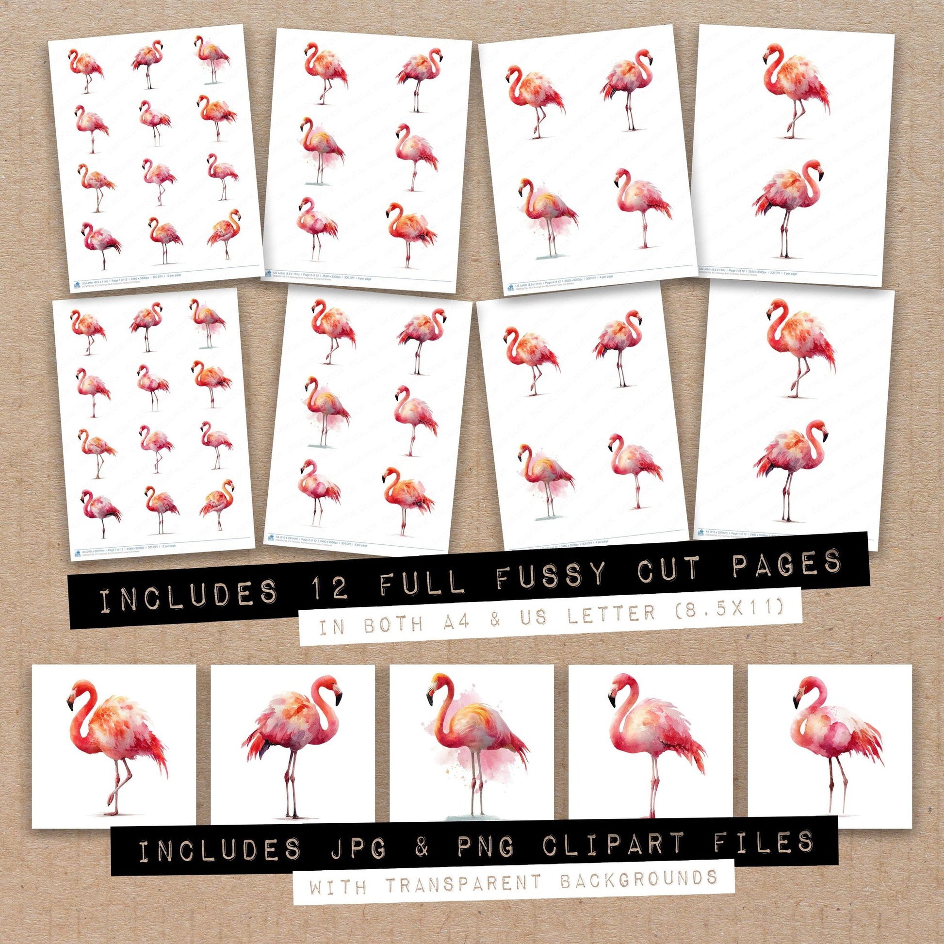Full collection view of Flamingo Bird Illustration fussy cut sheets with bonus clipart JPG and PNG files