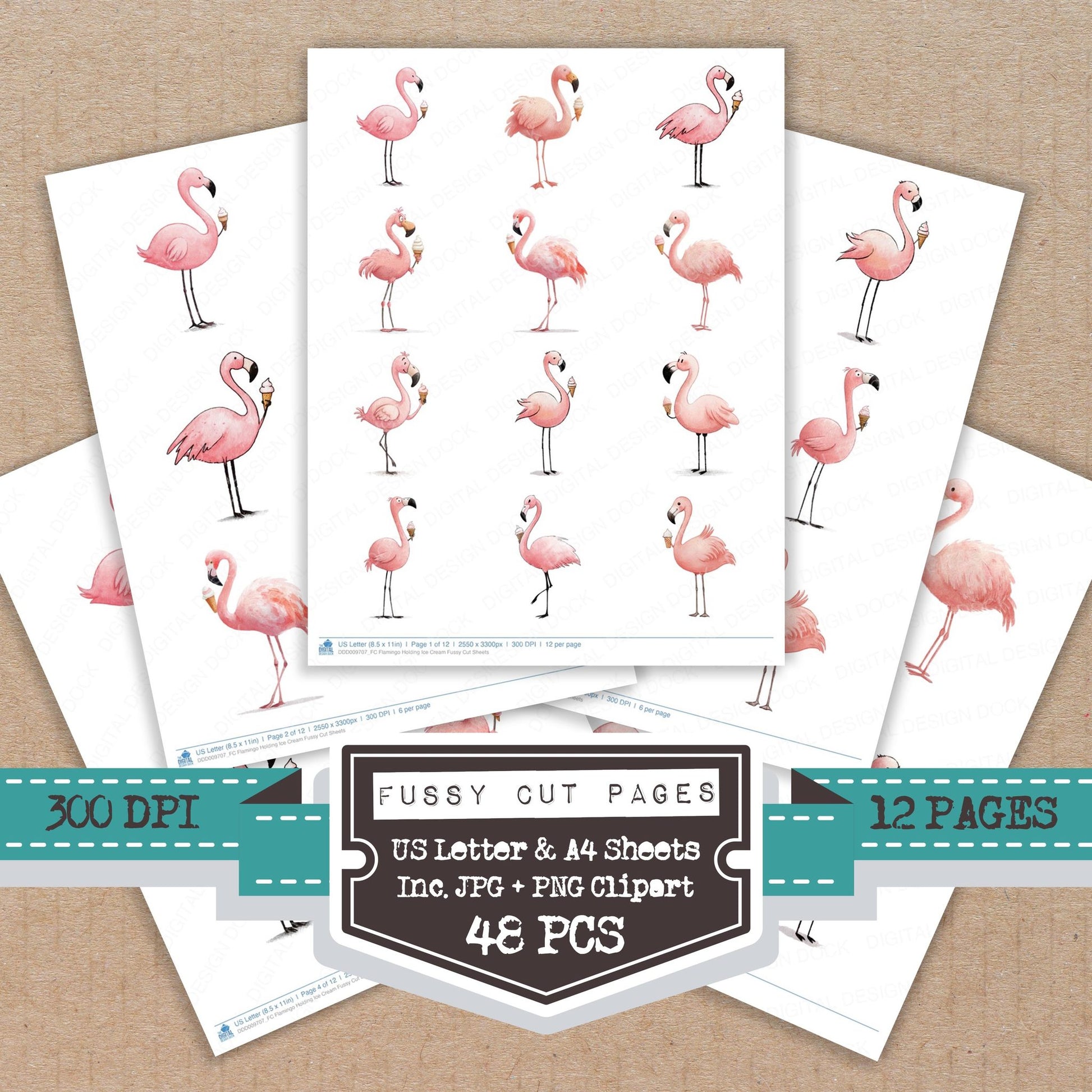 Flamingo Holding Ice Cream fussy cut printable sheets for junk journaling, scrapbooking, and paper craft projects