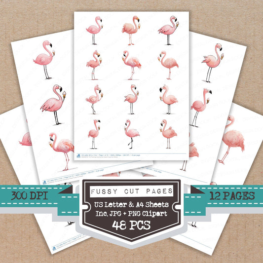 Flamingo Holding Ice Cream fussy cut printable sheets for junk journaling, scrapbooking, and paper craft projects