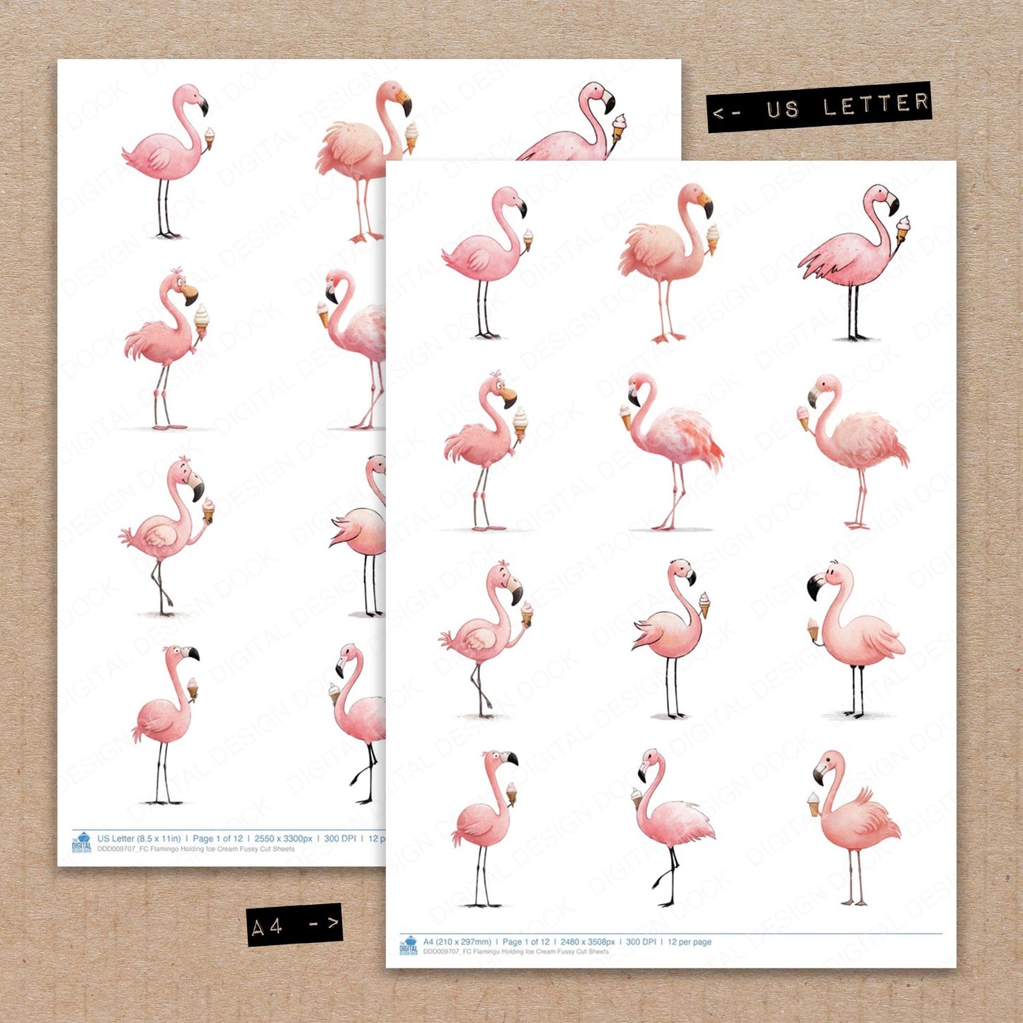A4 and US Letter format comparison showing Flamingo Holding Ice Cream fussy cut pages for print and cut crafting