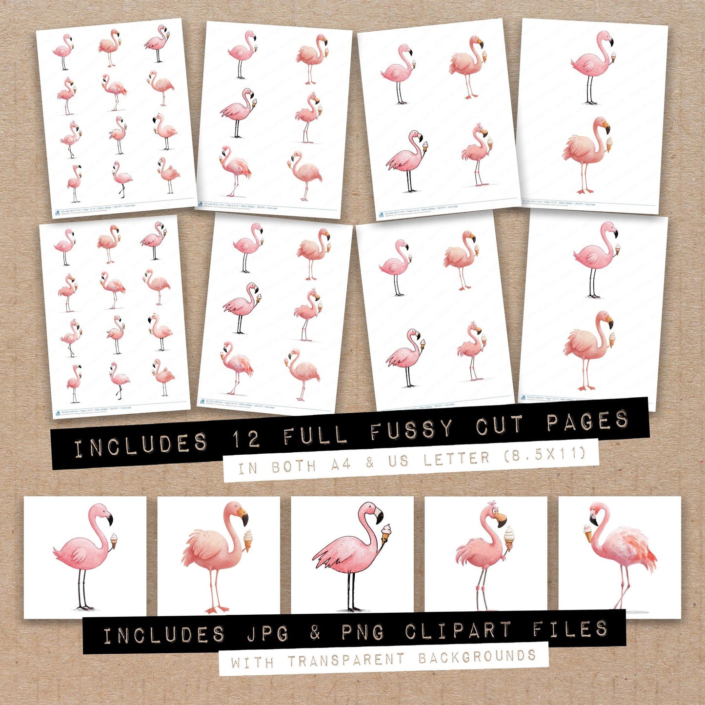 Full collection view of Flamingo Holding Ice Cream fussy cut sheets with bonus clipart JPG and PNG files