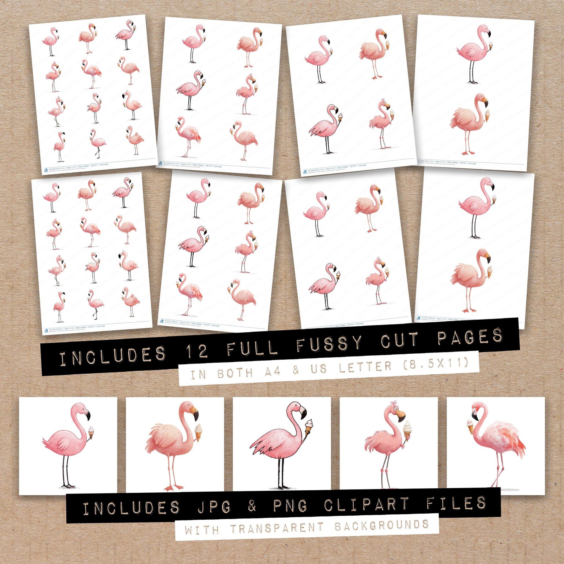 Full collection view of Flamingo Holding Ice Cream fussy cut sheets with bonus clipart JPG and PNG files