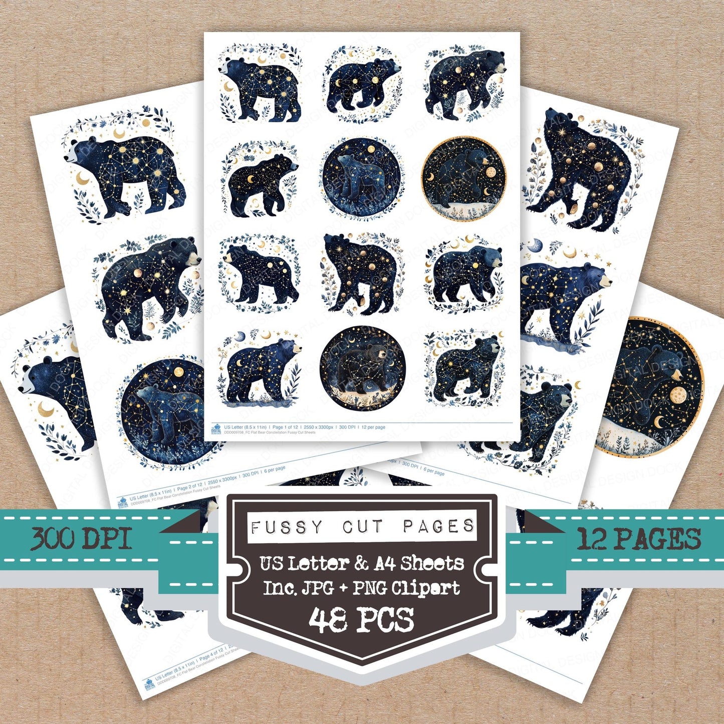 Flat Bear Constellation fussy cut printable sheets for junk journaling, scrapbooking, and paper craft projects