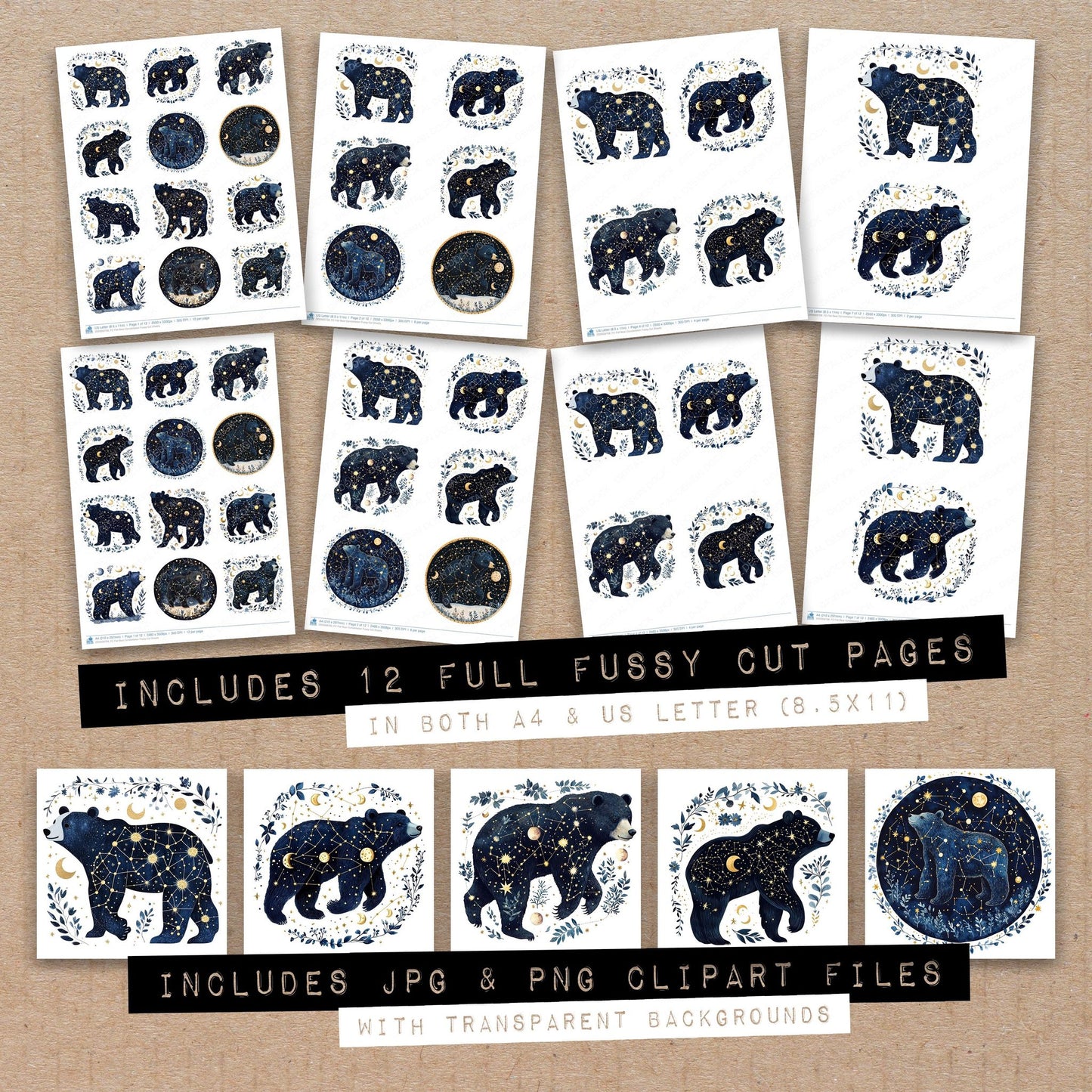Full collection view of Flat Bear Constellation fussy cut sheets with bonus clipart JPG and PNG files