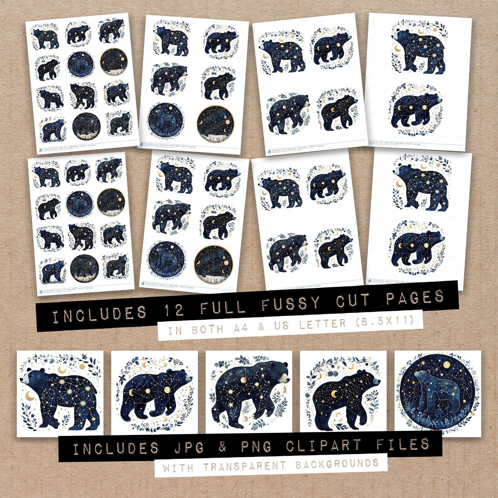 Full collection view of Flat Bear Constellation fussy cut sheets with bonus clipart JPG and PNG files