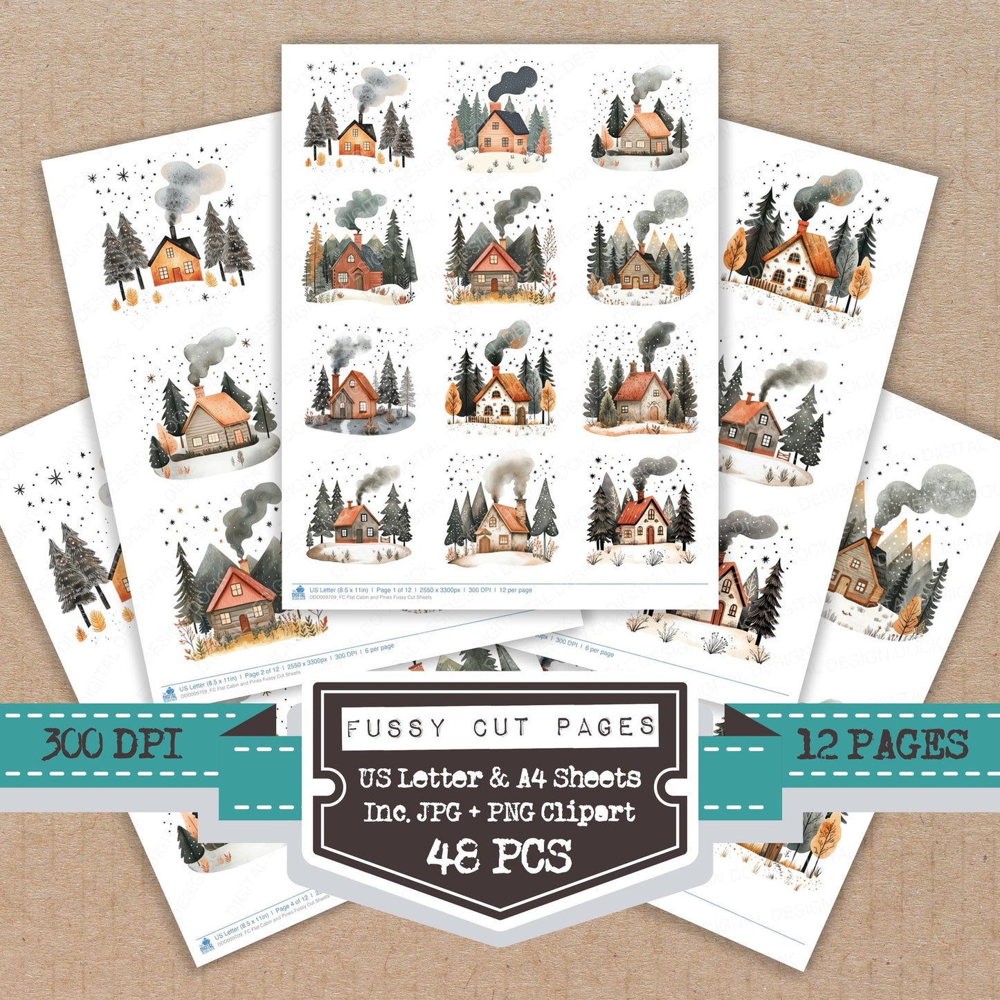 Flat Cabin and Pines fussy cut printable sheets for junk journaling, scrapbooking, and paper craft projects