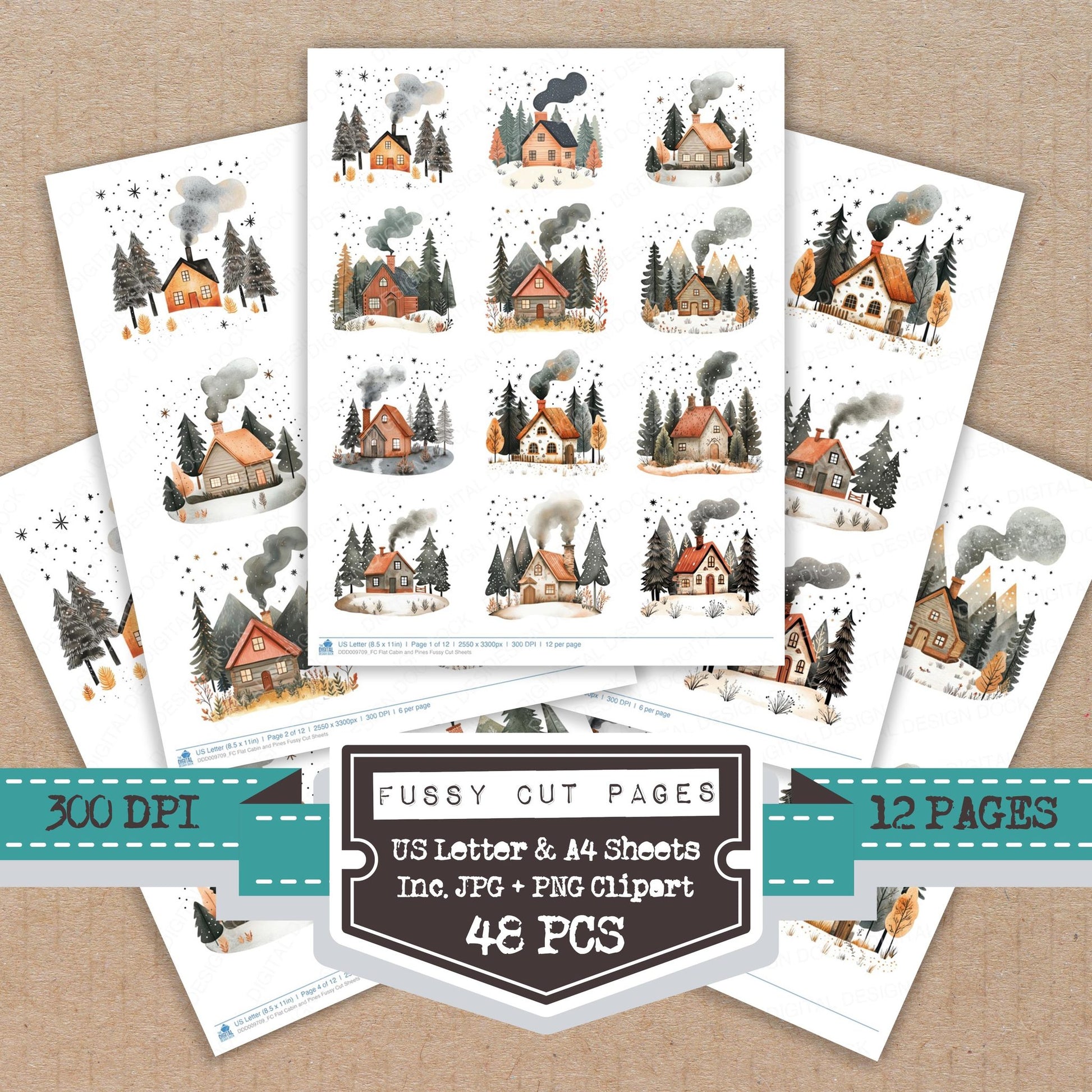 Flat Cabin and Pines fussy cut printable sheets for junk journaling, scrapbooking, and paper craft projects