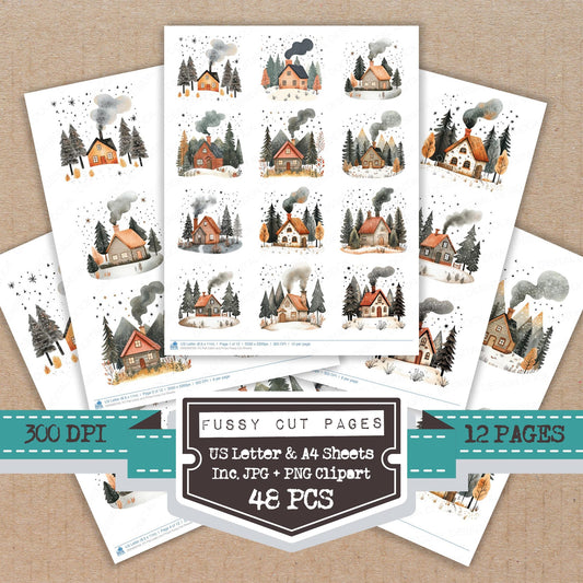 Flat Cabin and Pines fussy cut printable sheets for junk journaling, scrapbooking, and paper craft projects
