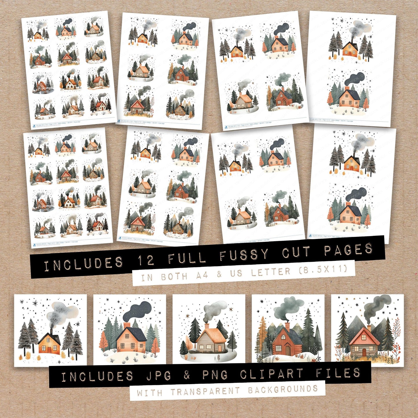 Full collection view of Flat Cabin and Pines fussy cut sheets with bonus clipart JPG and PNG files