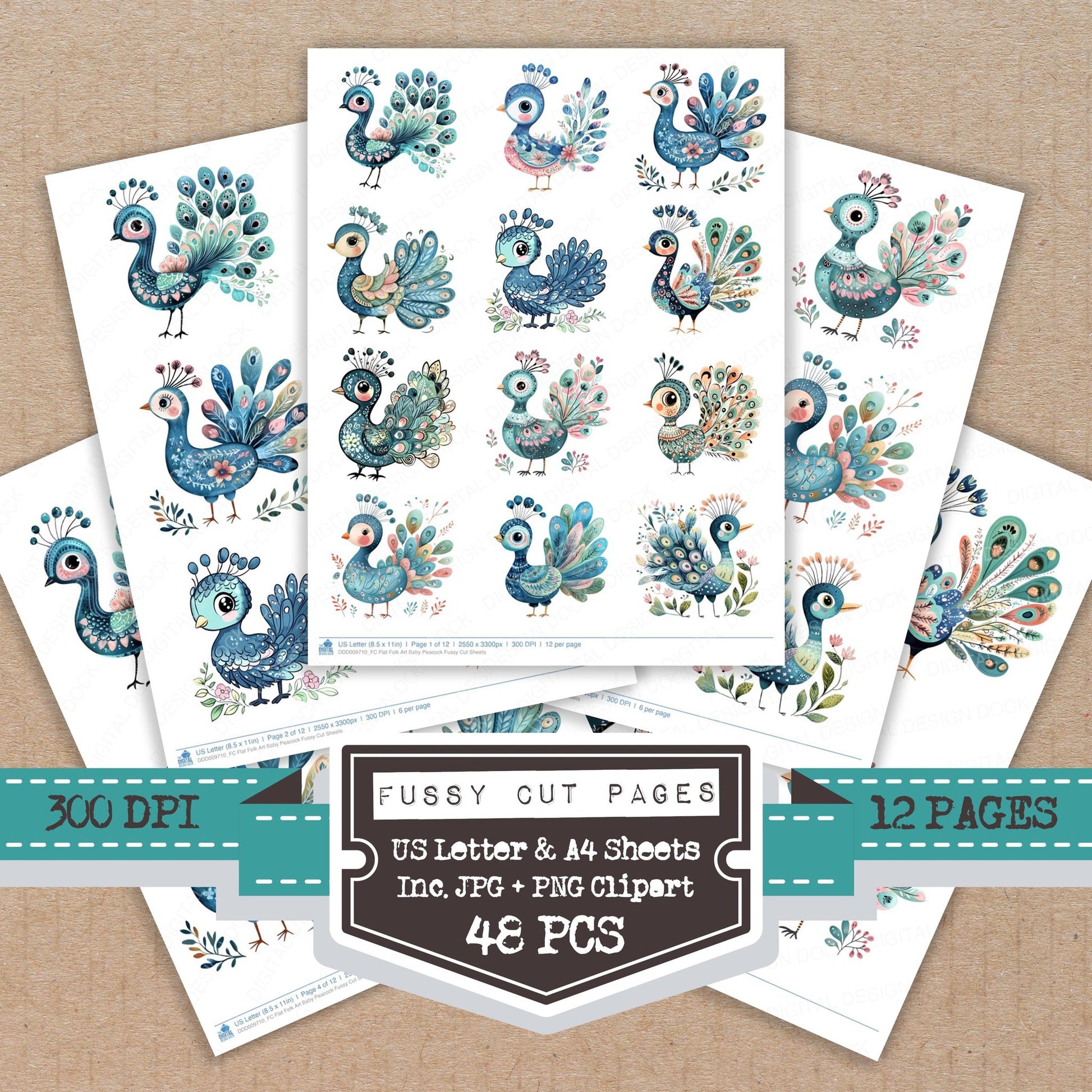 Flat Folk Art Baby Peacock fussy cut printable sheets for junk journaling, scrapbooking, and paper craft projects