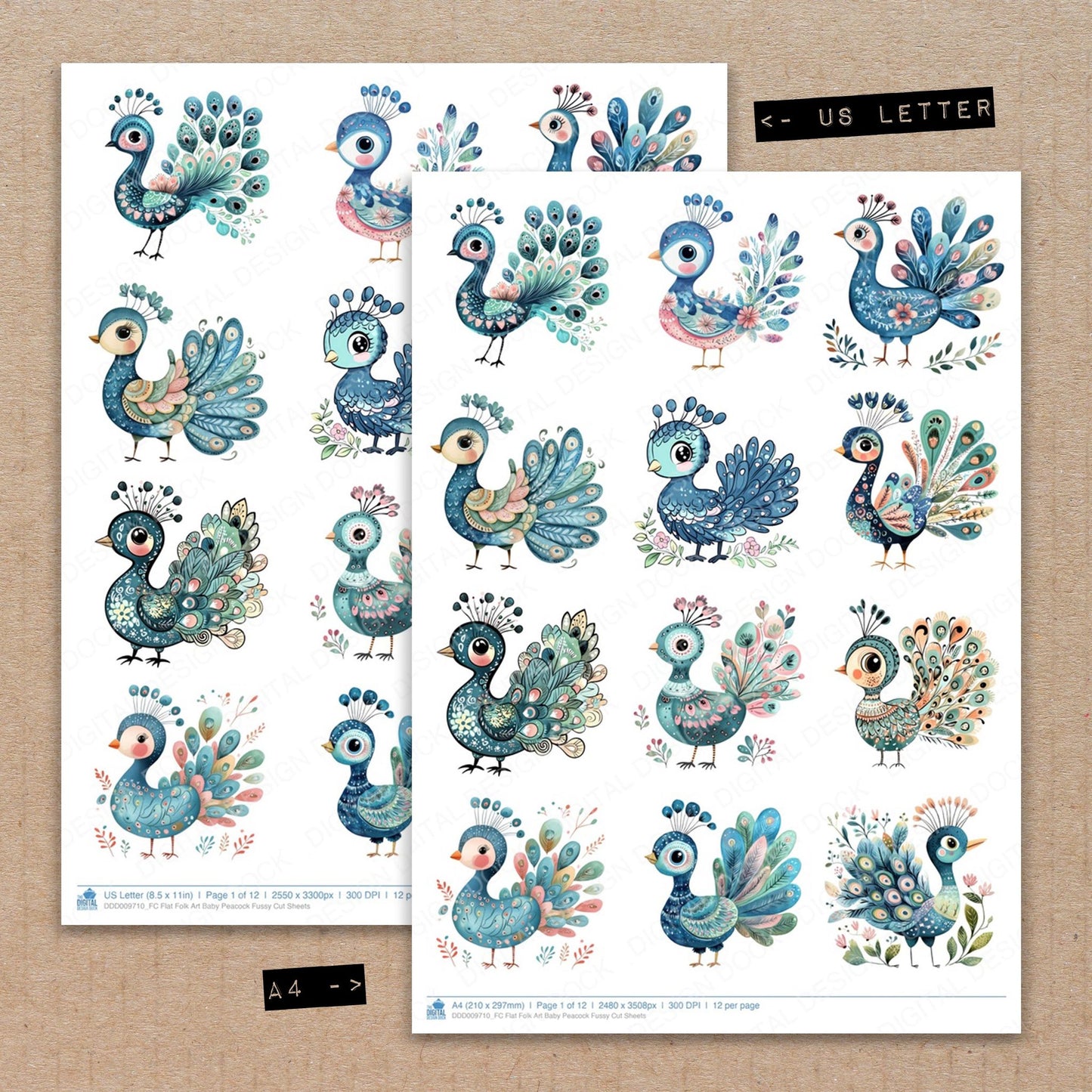 A4 and US Letter format comparison showing Flat Folk Art Baby Peacock fussy cut pages for print and cut crafting