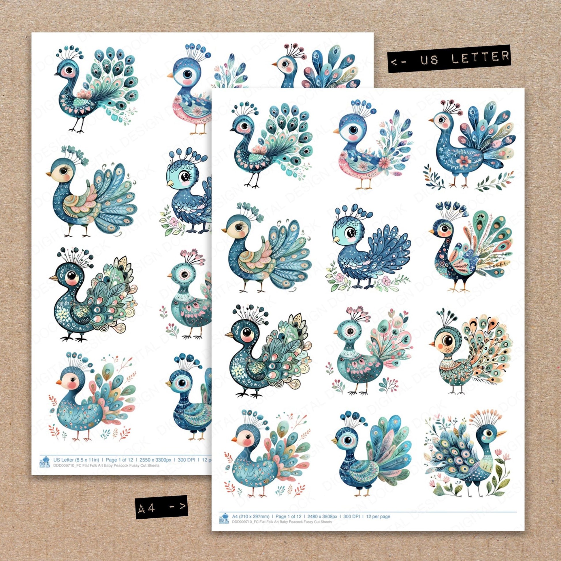 A4 and US Letter format comparison showing Flat Folk Art Baby Peacock fussy cut pages for print and cut crafting