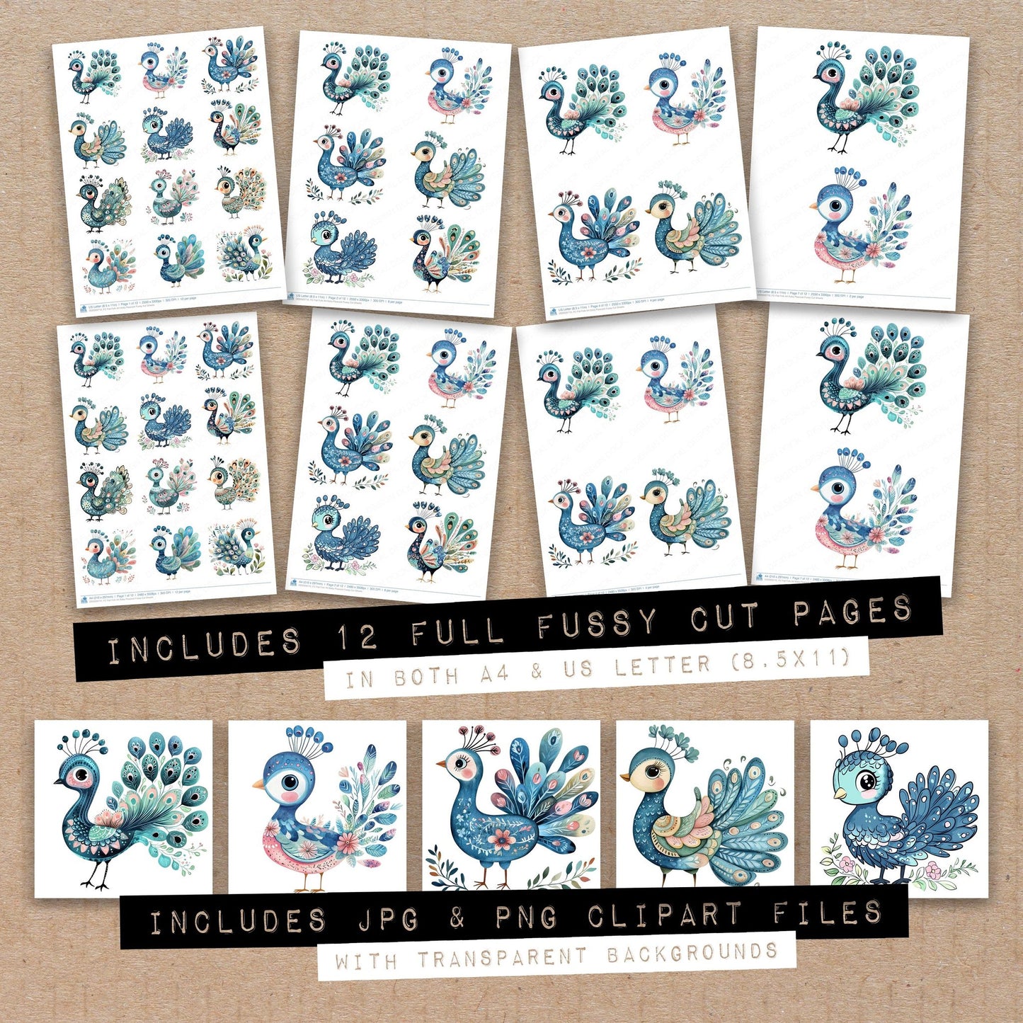 Full collection view of Flat Folk Art Baby Peacock fussy cut sheets with bonus clipart JPG and PNG files