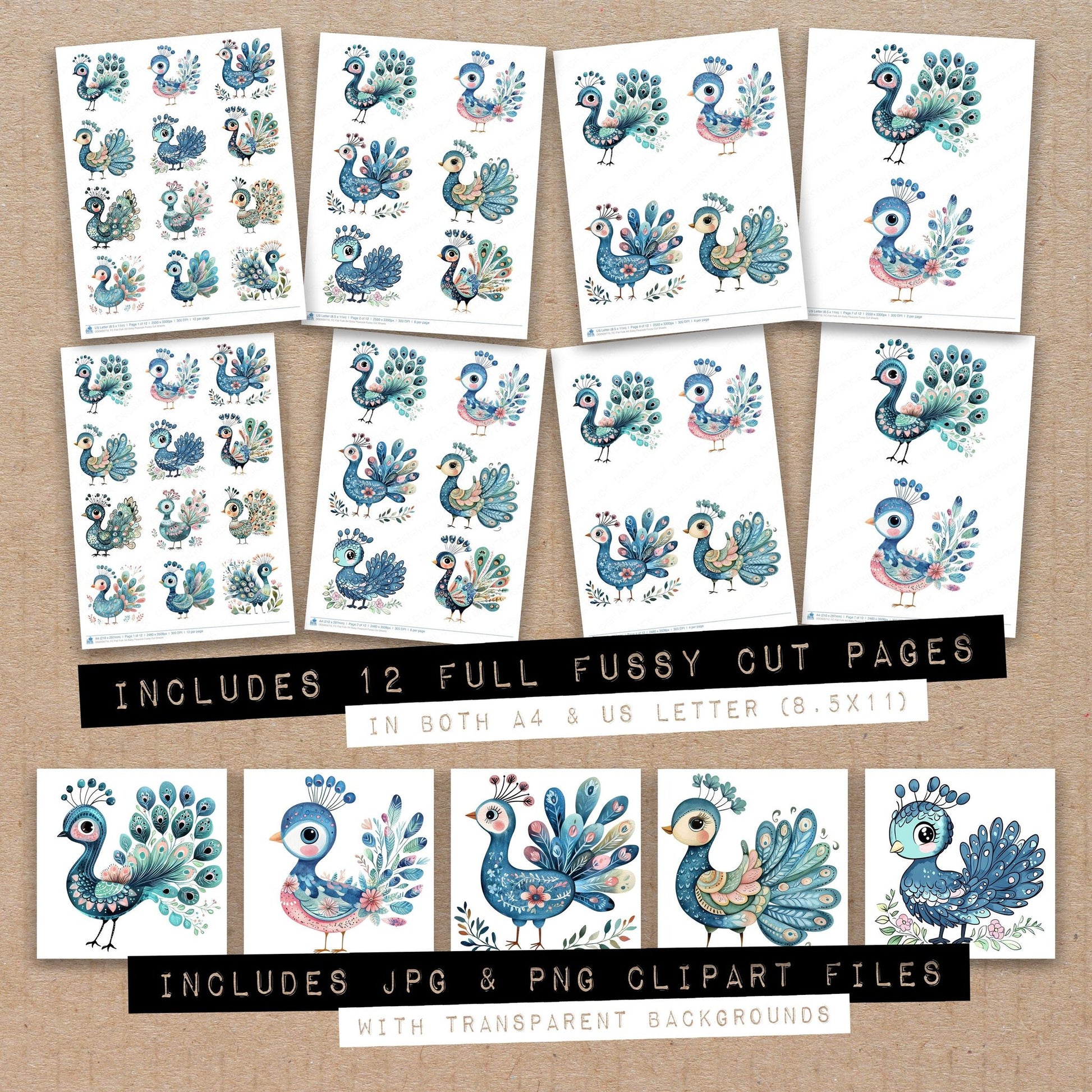 Full collection view of Flat Folk Art Baby Peacock fussy cut sheets with bonus clipart JPG and PNG files