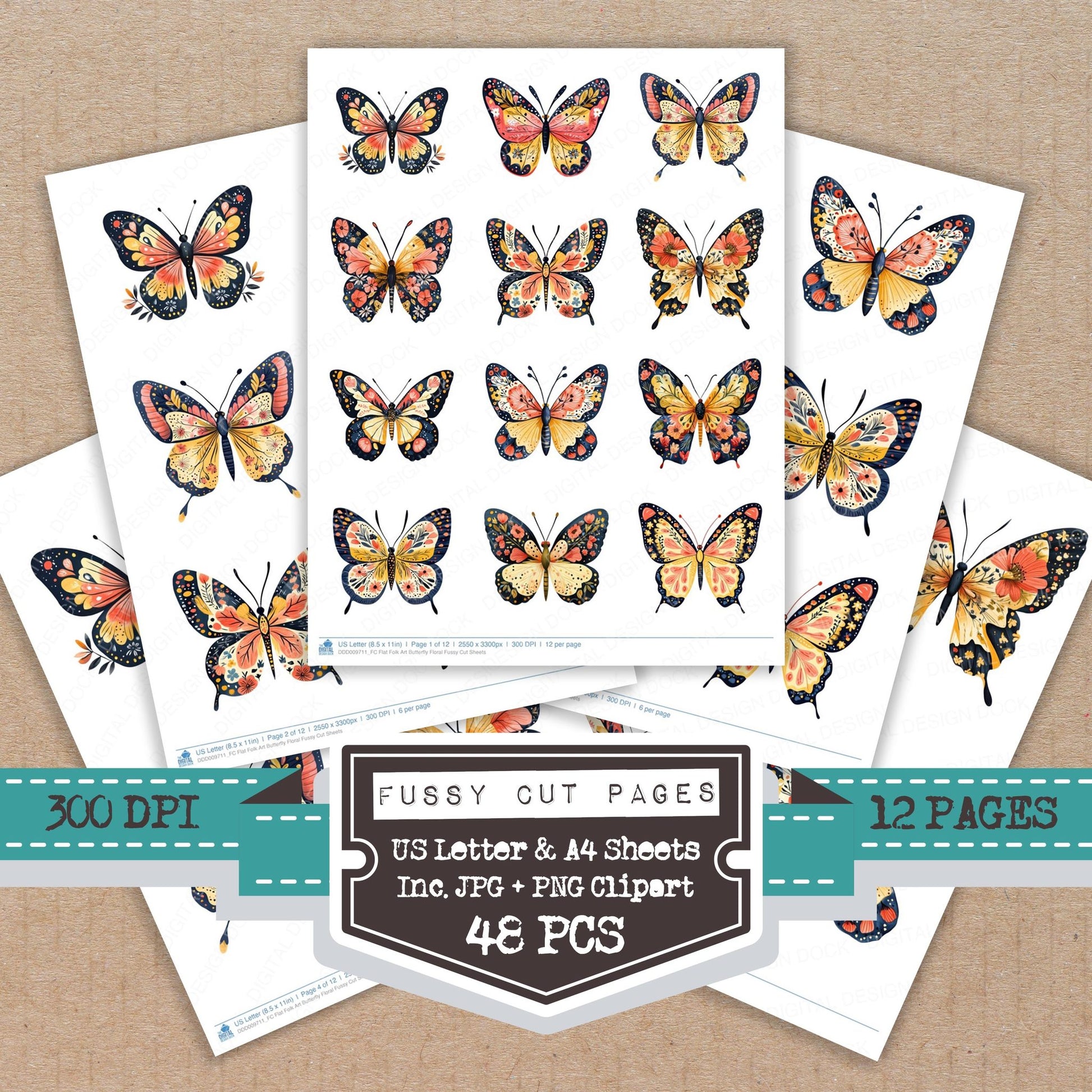 Flat Folk Art Butterfly Floral fussy cut printable sheets for junk journaling, scrapbooking, and paper craft projects