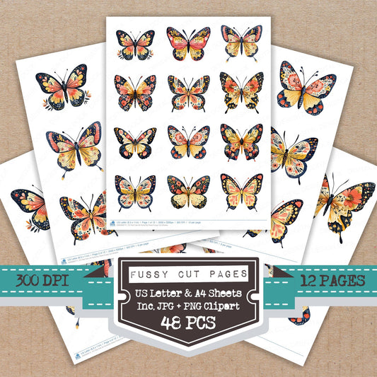 Flat Folk Art Butterfly Floral fussy cut printable sheets for junk journaling, scrapbooking, and paper craft projects