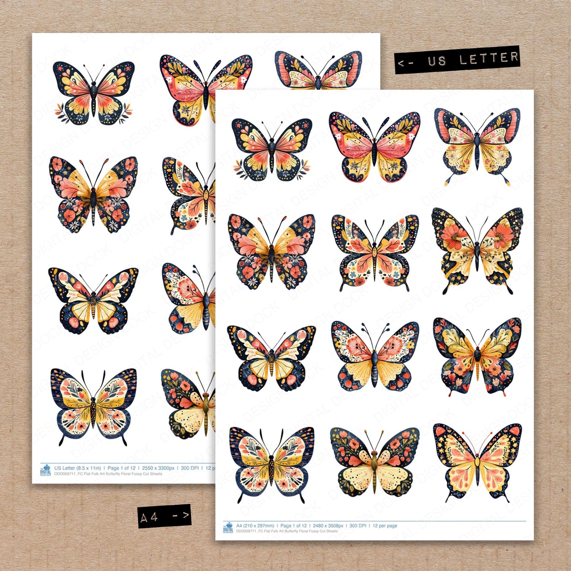 A4 and US Letter format comparison showing Flat Folk Art Butterfly Floral fussy cut pages for print and cut crafting