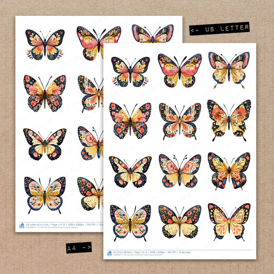 A4 and US Letter format comparison showing Flat Folk Art Butterfly Floral fussy cut pages for print and cut crafting