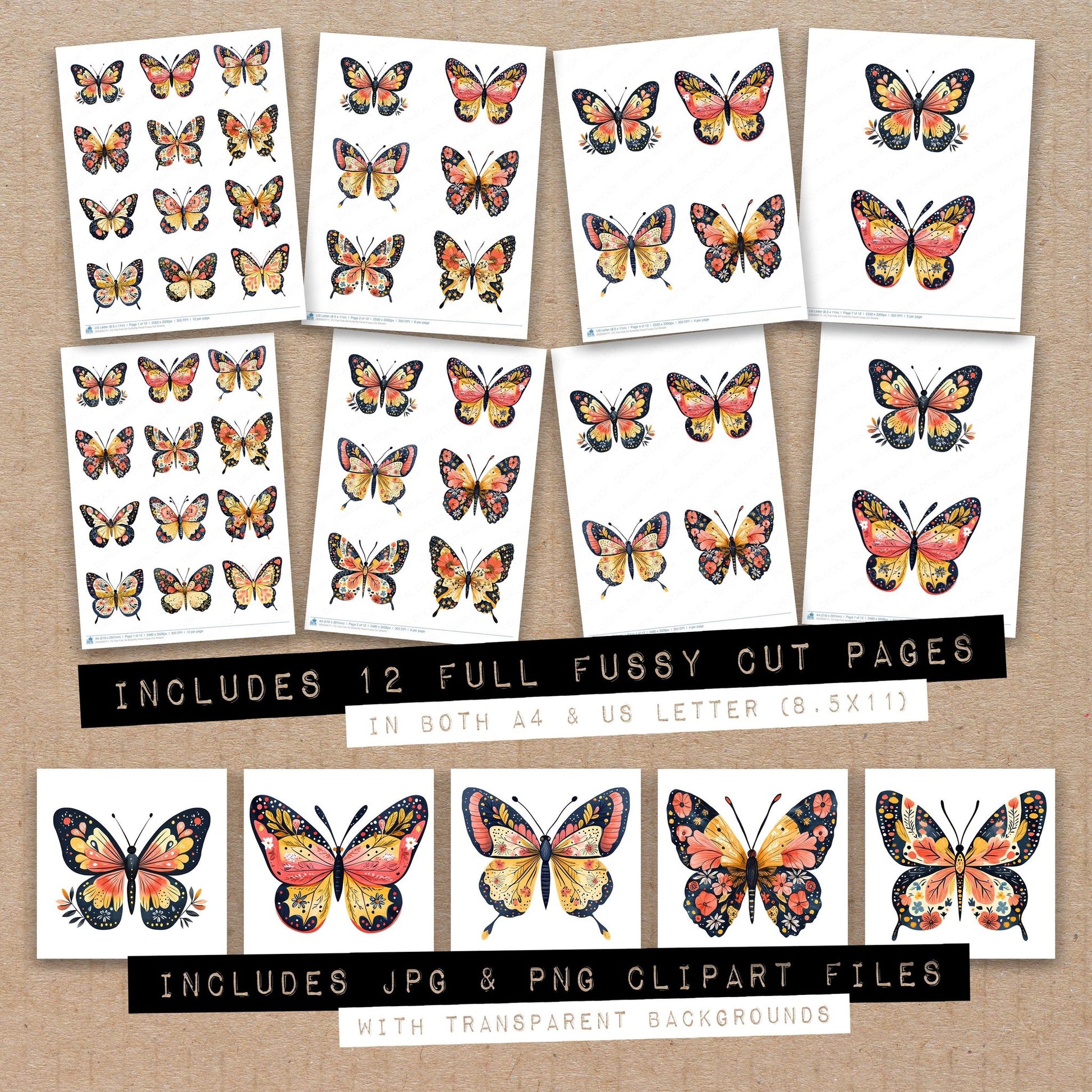 Full collection view of Flat Folk Art Butterfly Floral fussy cut sheets with bonus clipart JPG and PNG files