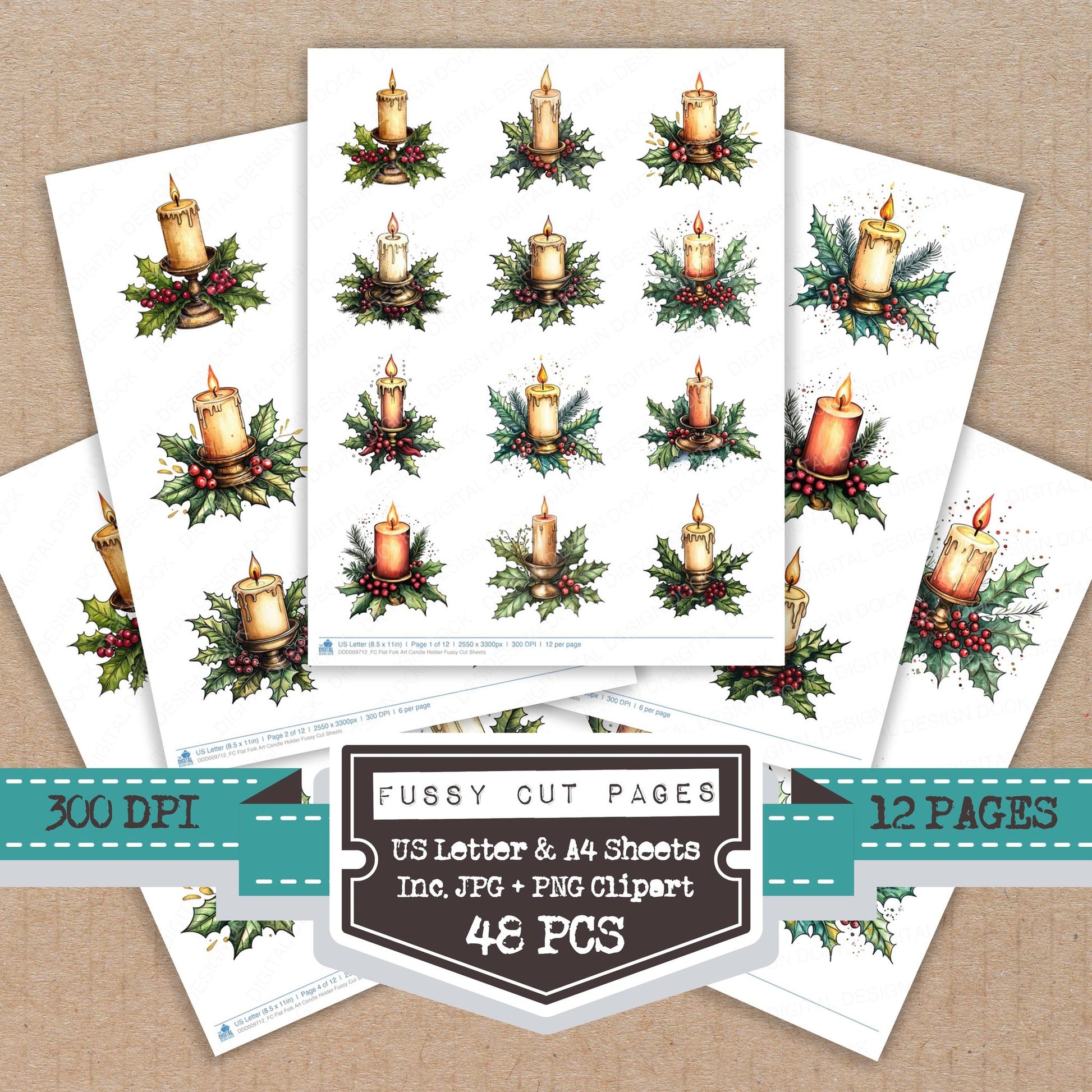 Flat Folk Art Candle Holder fussy cut printable sheets for junk journaling, scrapbooking, and paper craft projects