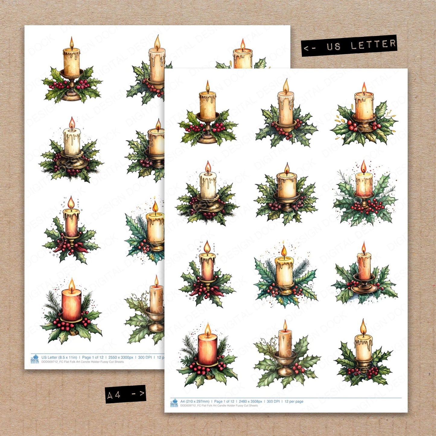A4 and US Letter format comparison showing Flat Folk Art Candle Holder fussy cut pages for print and cut crafting