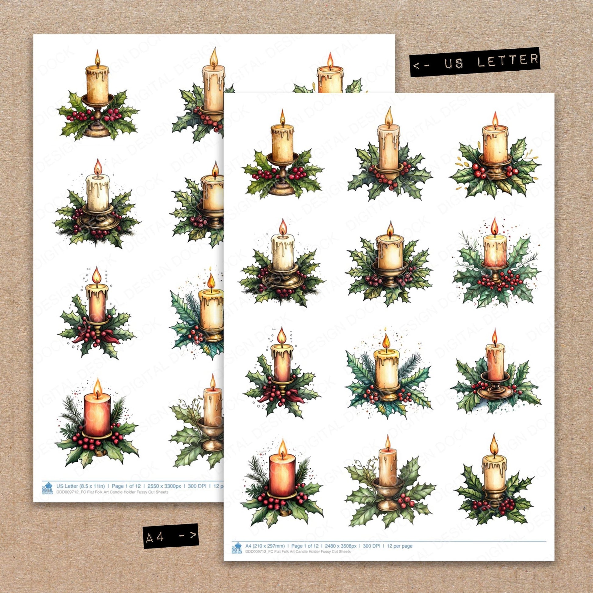 A4 and US Letter format comparison showing Flat Folk Art Candle Holder fussy cut pages for print and cut crafting