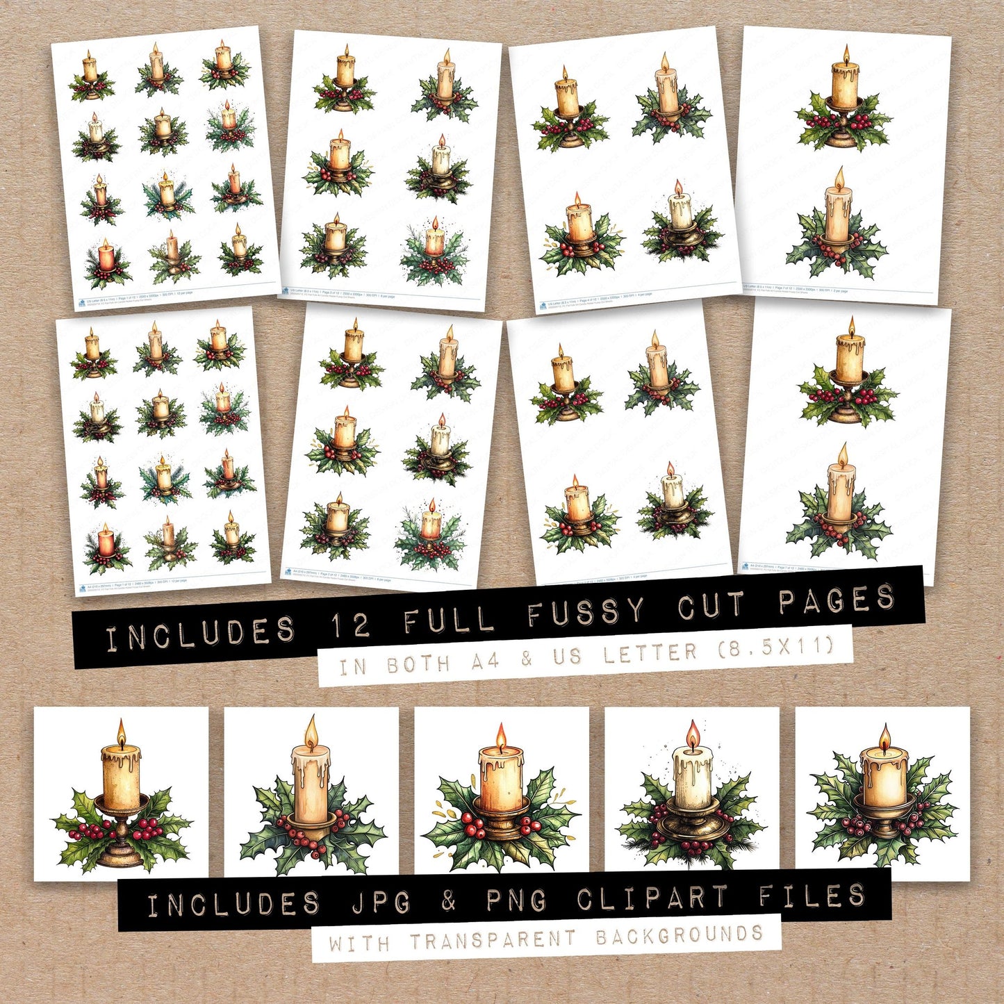 Full collection view of Flat Folk Art Candle Holder fussy cut sheets with bonus clipart JPG and PNG files