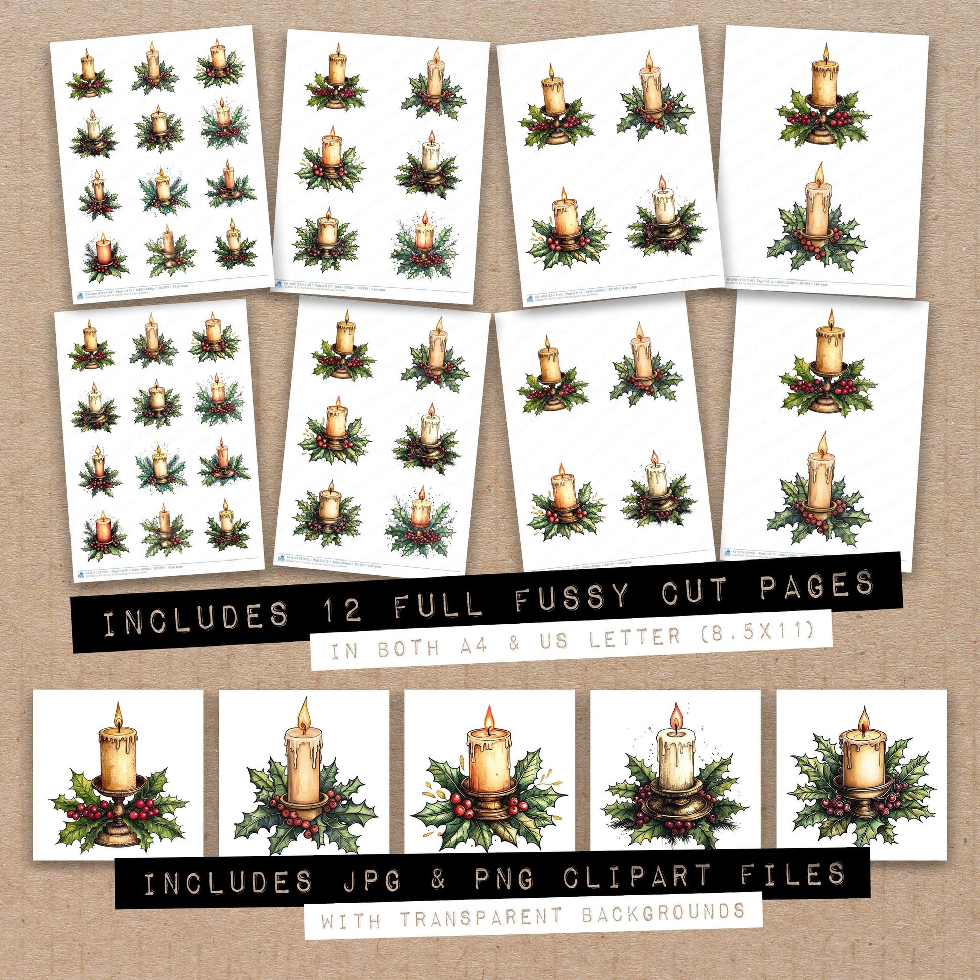 Full collection view of Flat Folk Art Candle Holder fussy cut sheets with bonus clipart JPG and PNG files