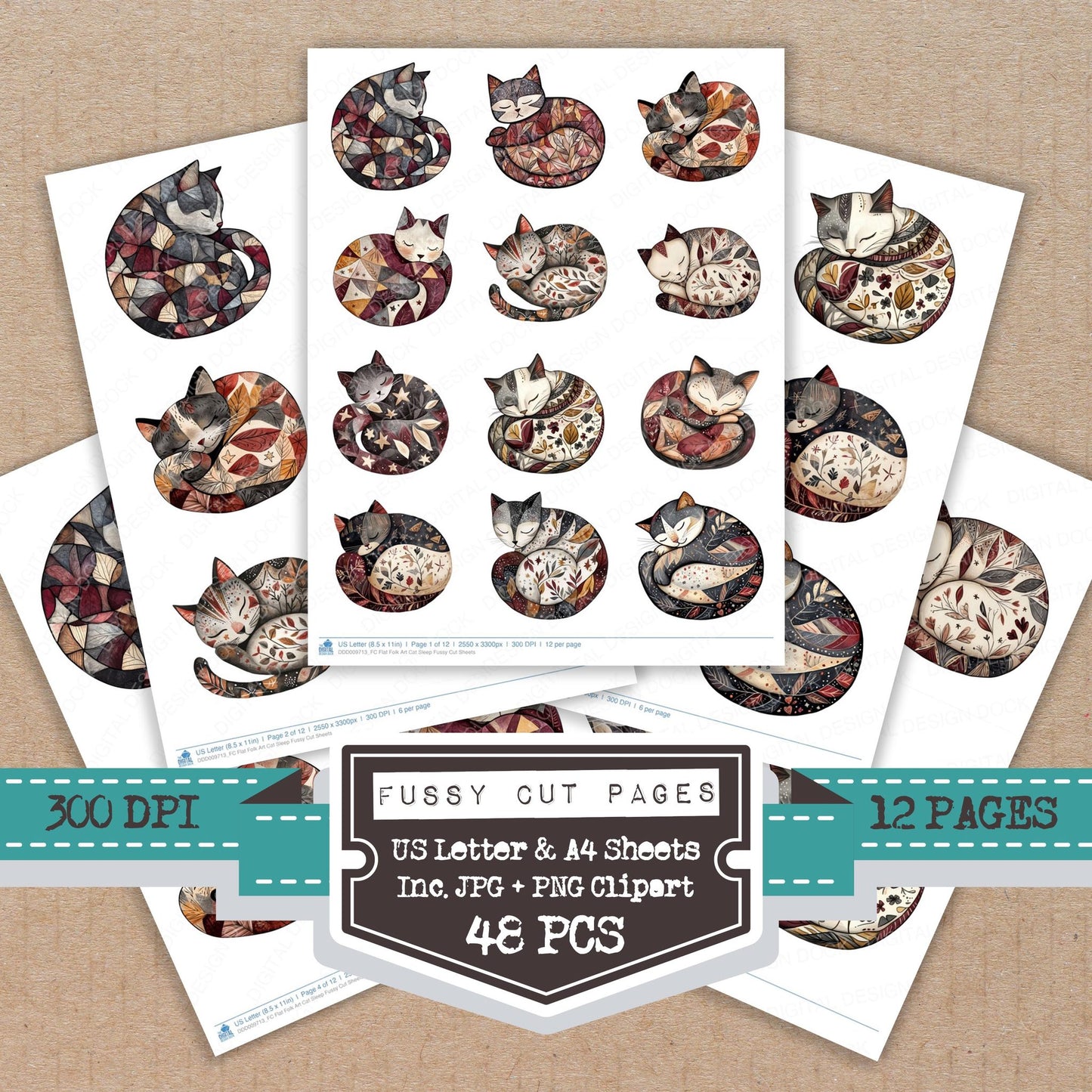 Flat Folk Art Cat Sleep fussy cut printable sheets for junk journaling, scrapbooking, and paper craft projects