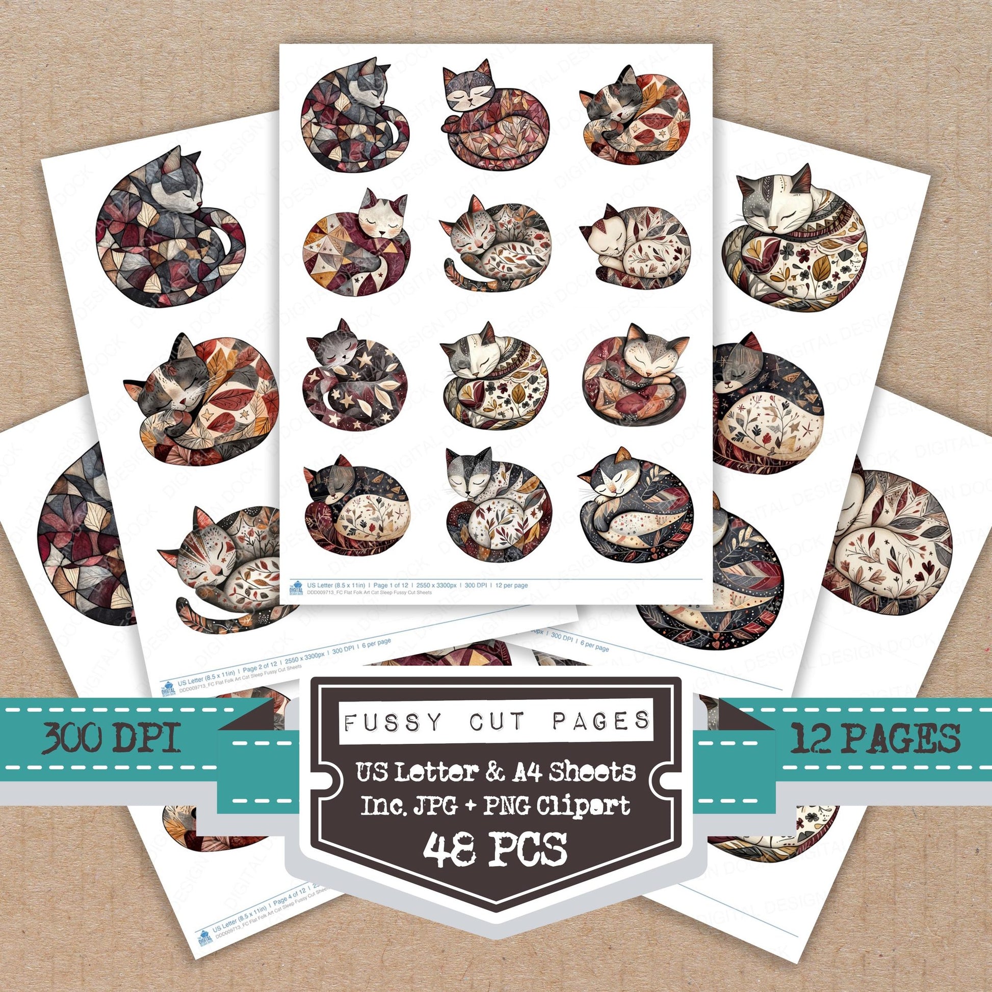 Flat Folk Art Cat Sleep fussy cut printable sheets for junk journaling, scrapbooking, and paper craft projects