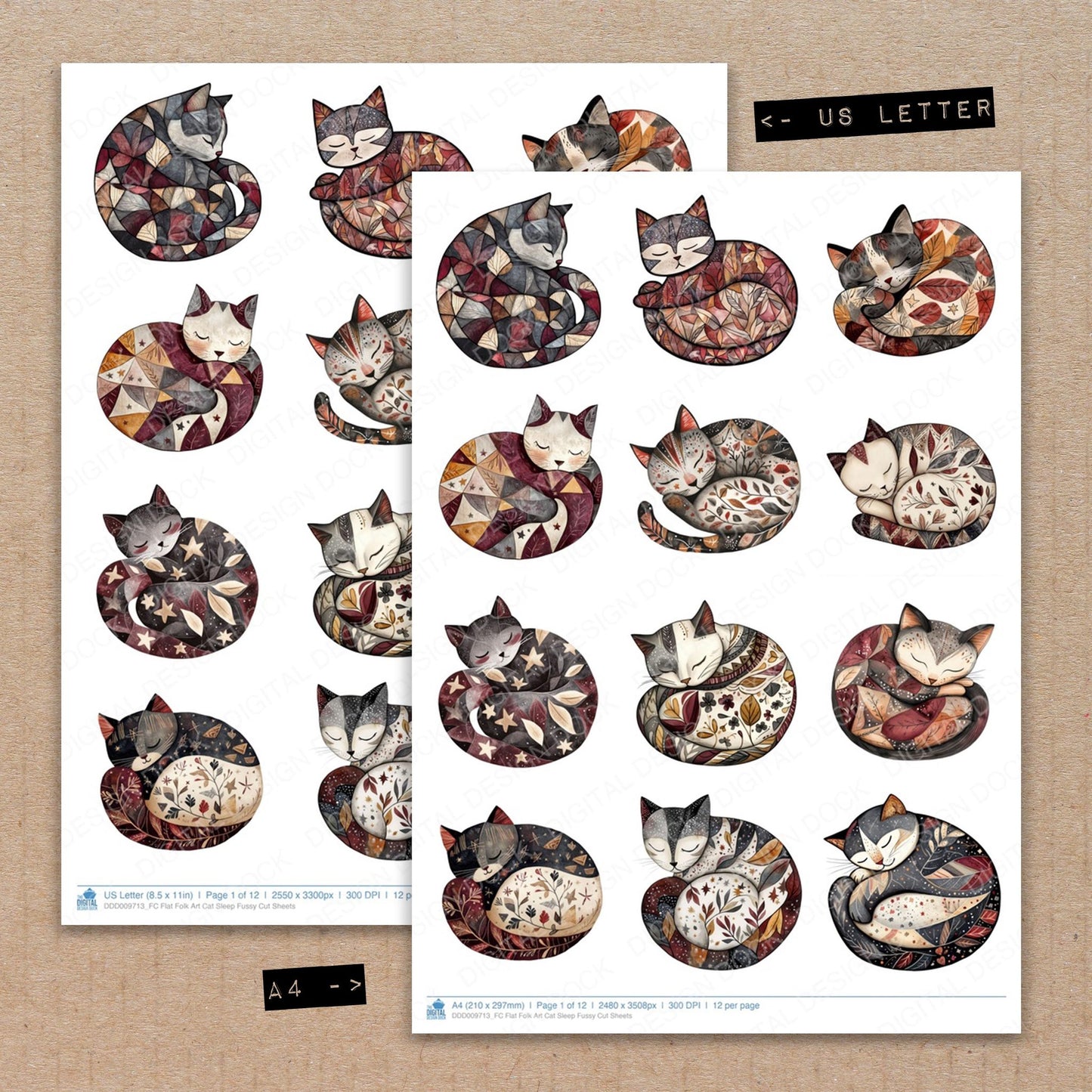 A4 and US Letter format comparison showing Flat Folk Art Cat Sleep fussy cut pages for print and cut crafting