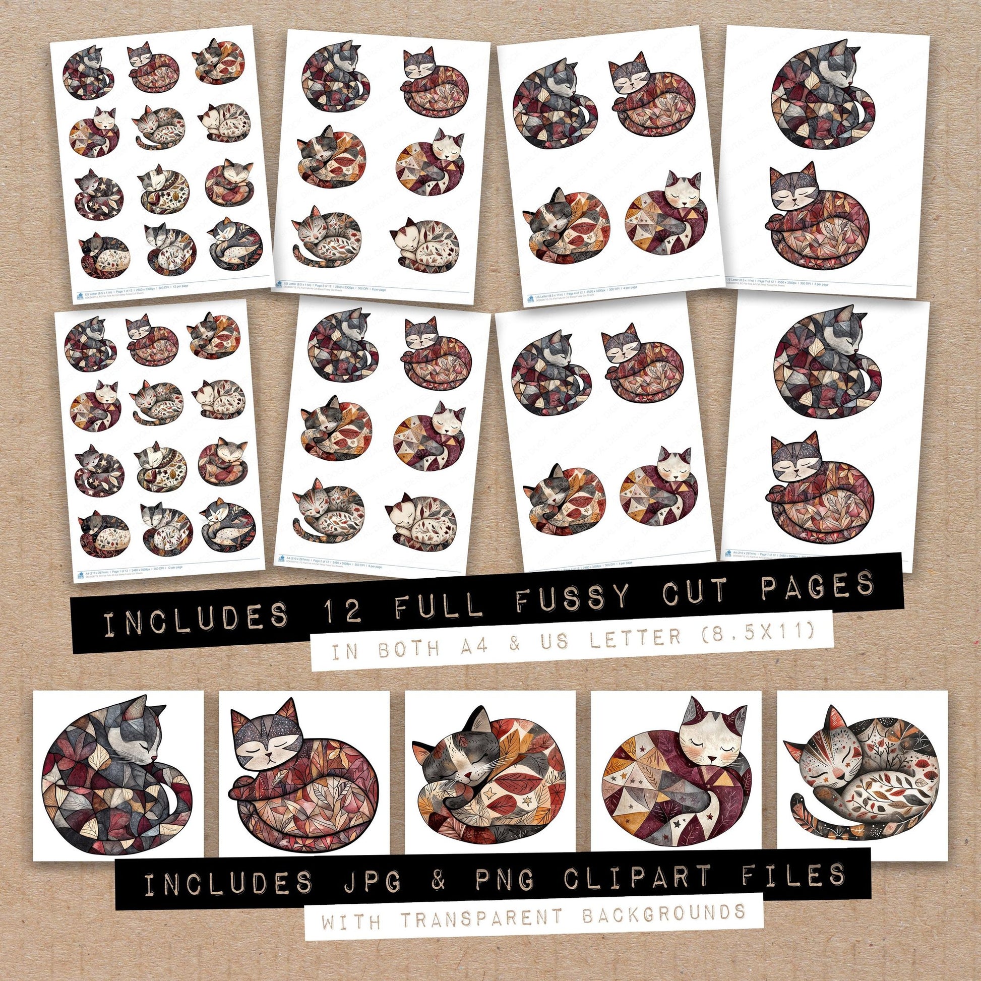 Full collection view of Flat Folk Art Cat Sleep fussy cut sheets with bonus clipart JPG and PNG files