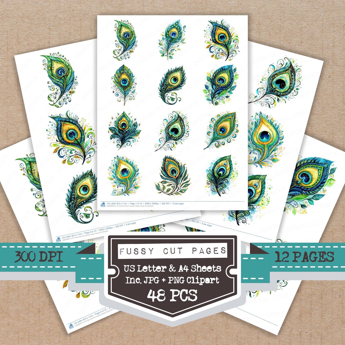 Flat Folk Art Feather Detail fussy cut printable sheets for junk journaling, scrapbooking, and paper craft projects