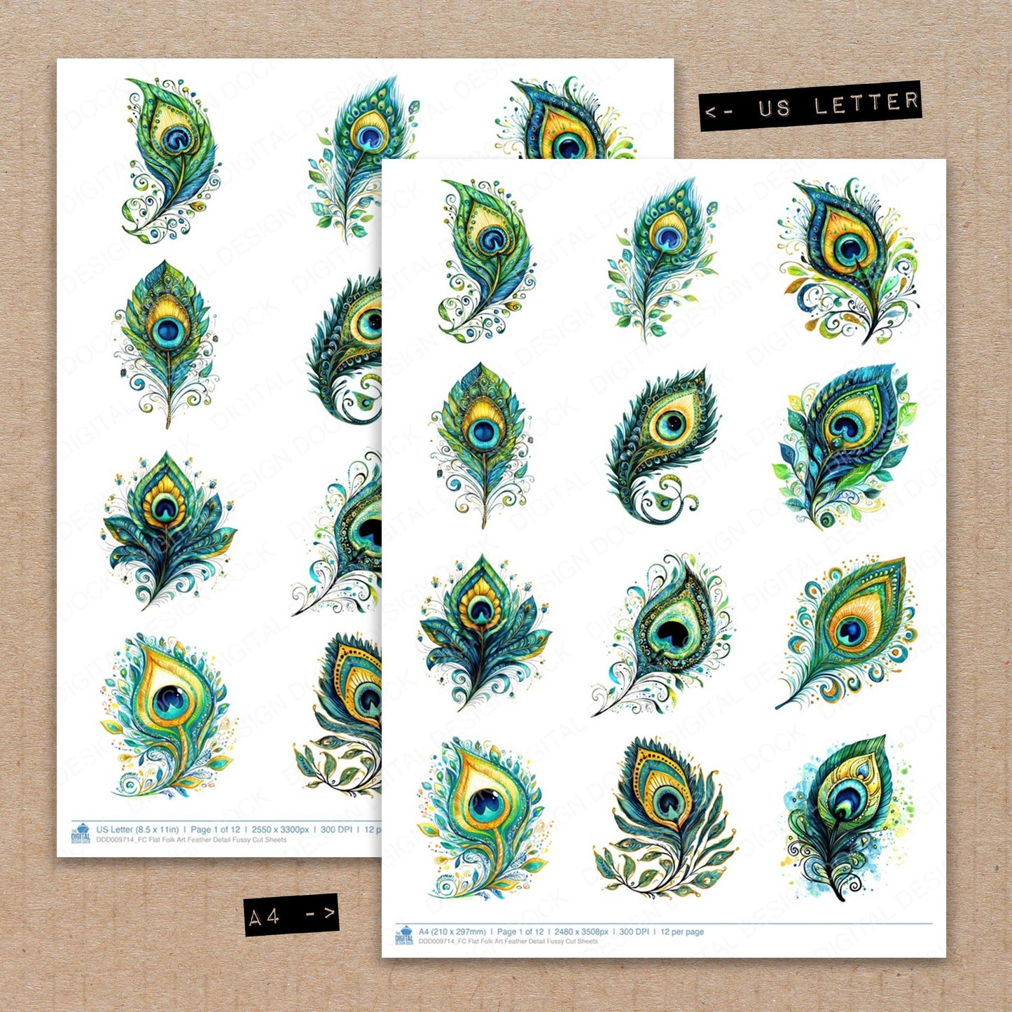 A4 and US Letter format comparison showing Flat Folk Art Feather Detail fussy cut pages for print and cut crafting