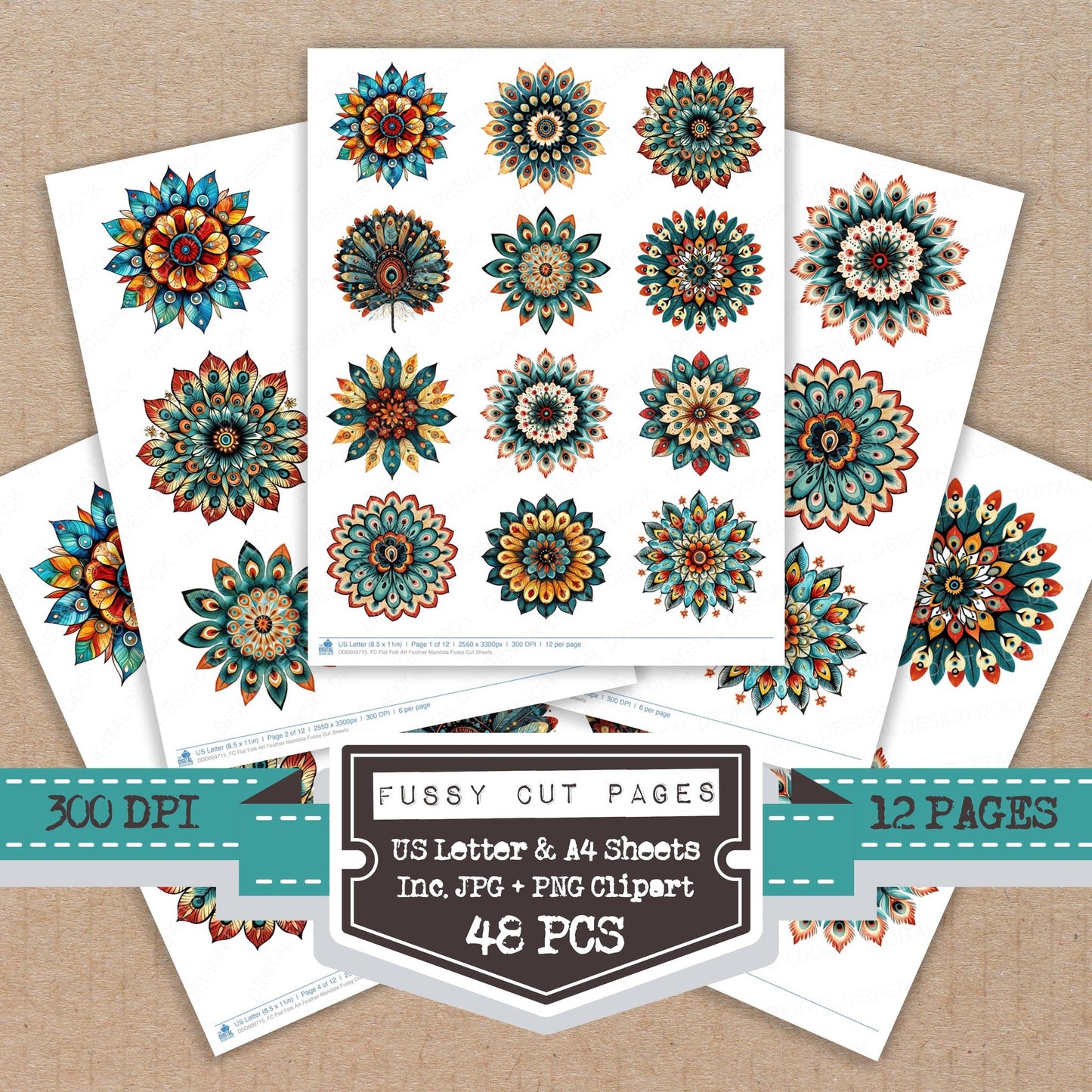 Flat Folk Art Feather Mandala fussy cut printable sheets for junk journaling, scrapbooking, and paper craft projects