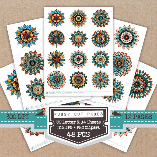 Flat Folk Art Feather Mandala fussy cut printable sheets for junk journaling, scrapbooking, and paper craft projects