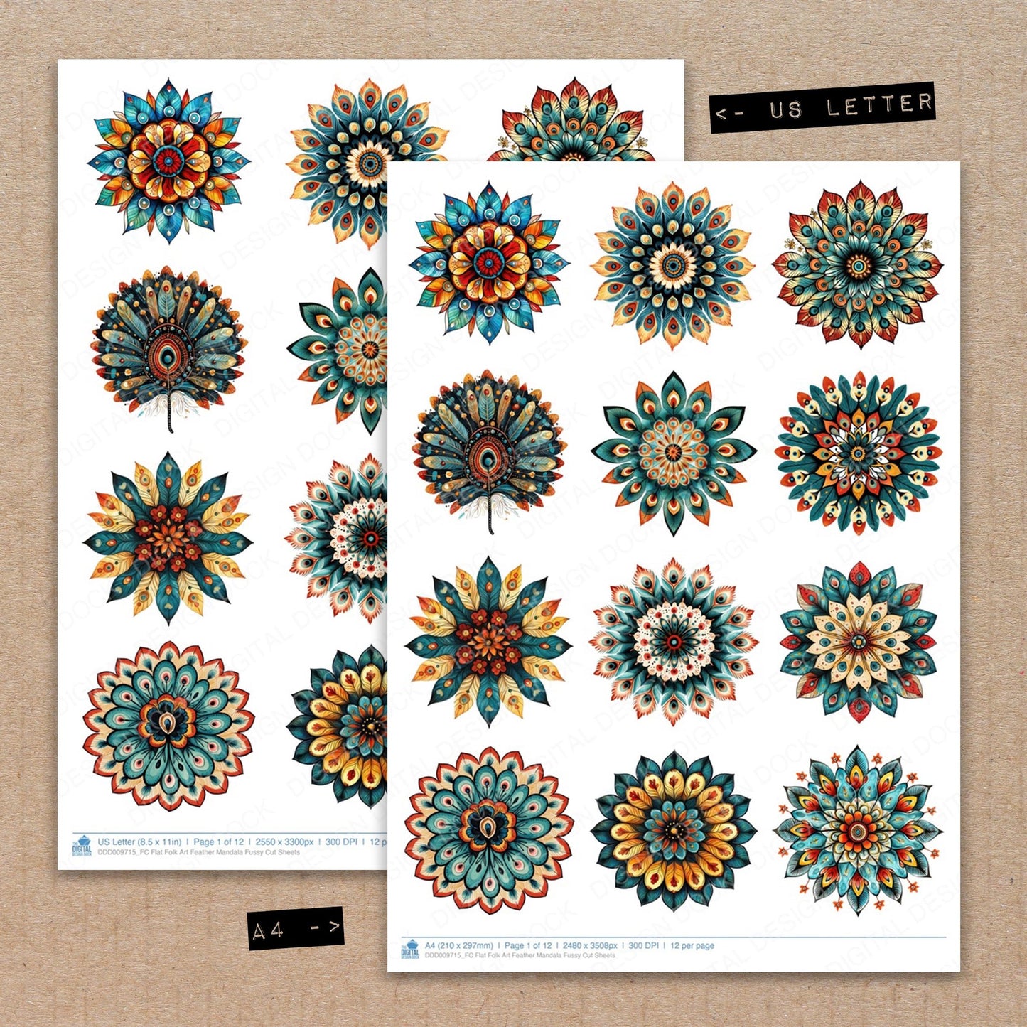 A4 and US Letter format comparison showing Flat Folk Art Feather Mandala fussy cut pages for print and cut crafting