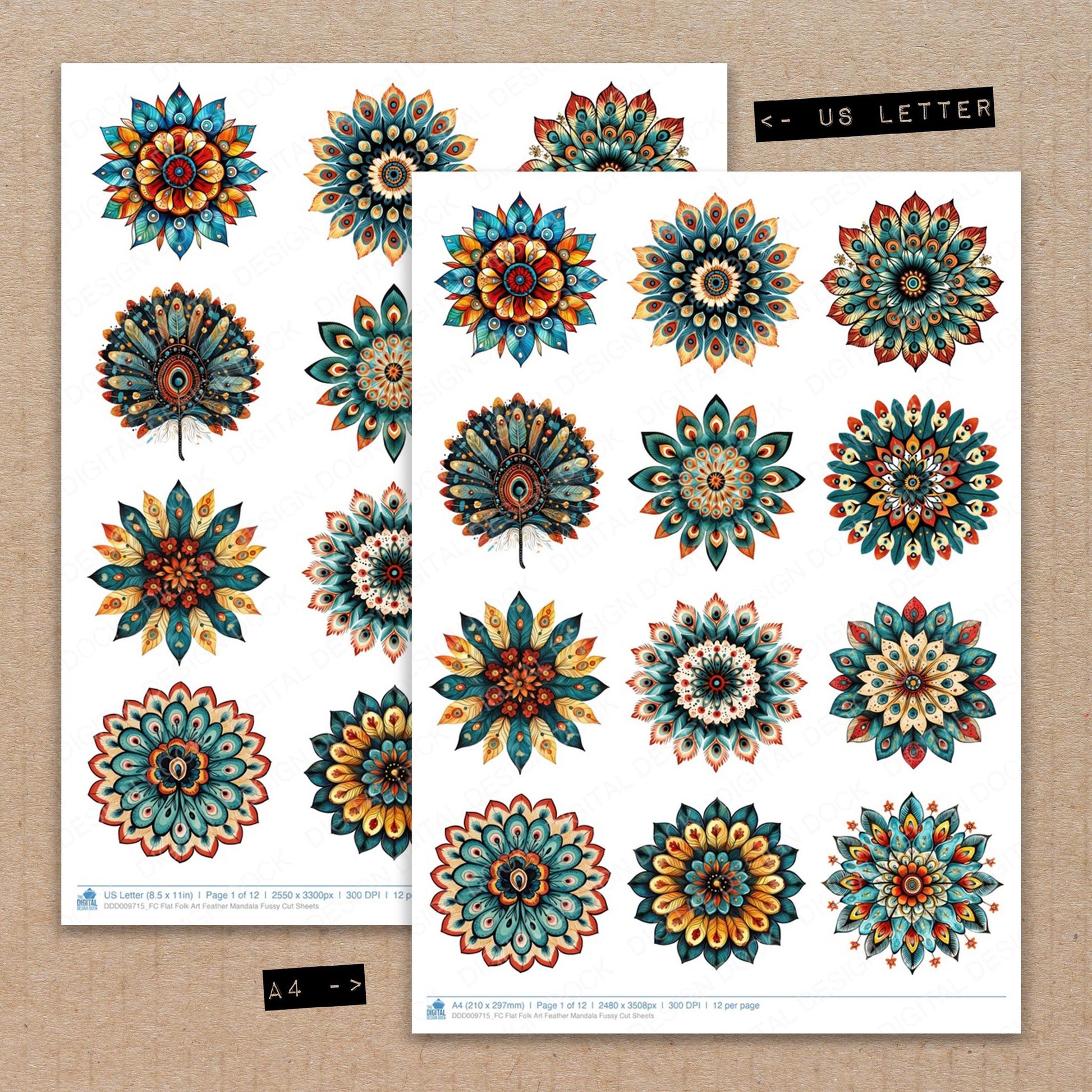 A4 and US Letter format comparison showing Flat Folk Art Feather Mandala fussy cut pages for print and cut crafting