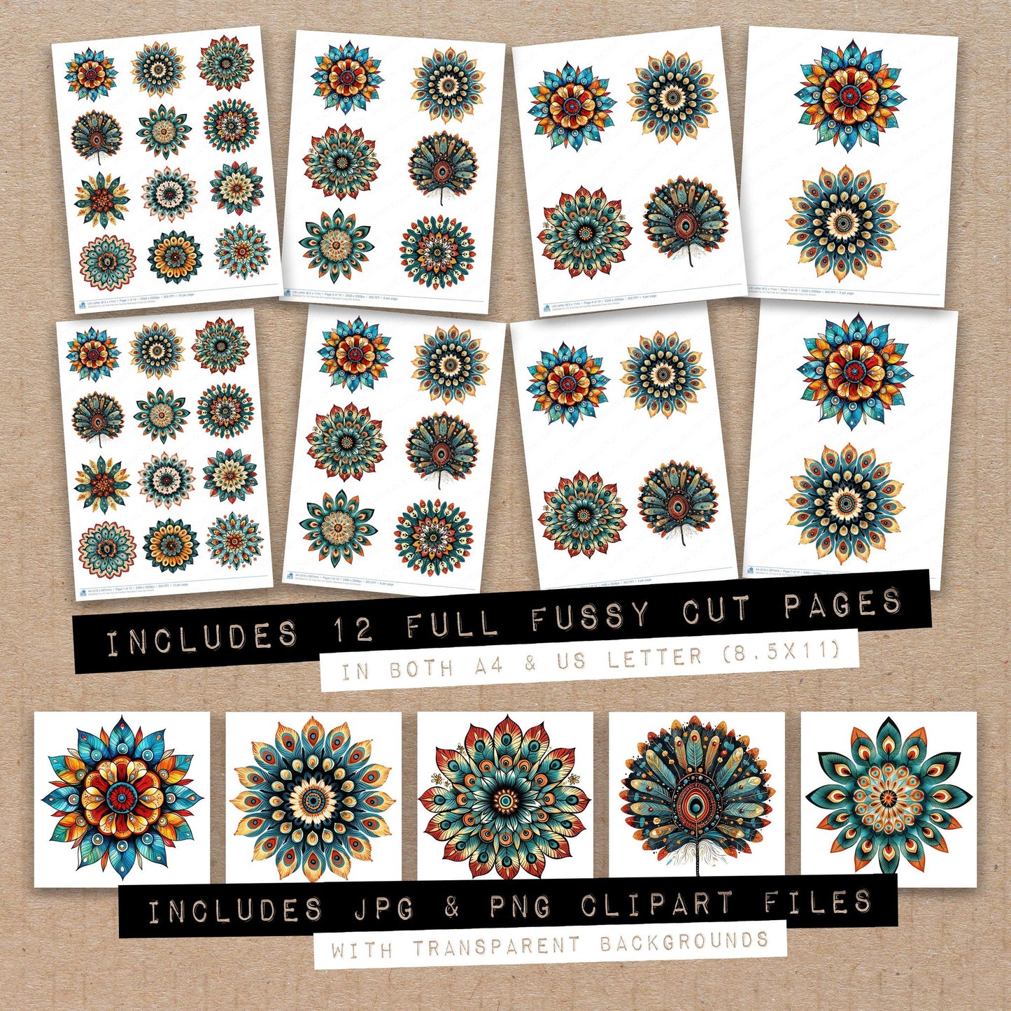 Full collection view of Flat Folk Art Feather Mandala fussy cut sheets with bonus clipart JPG and PNG files