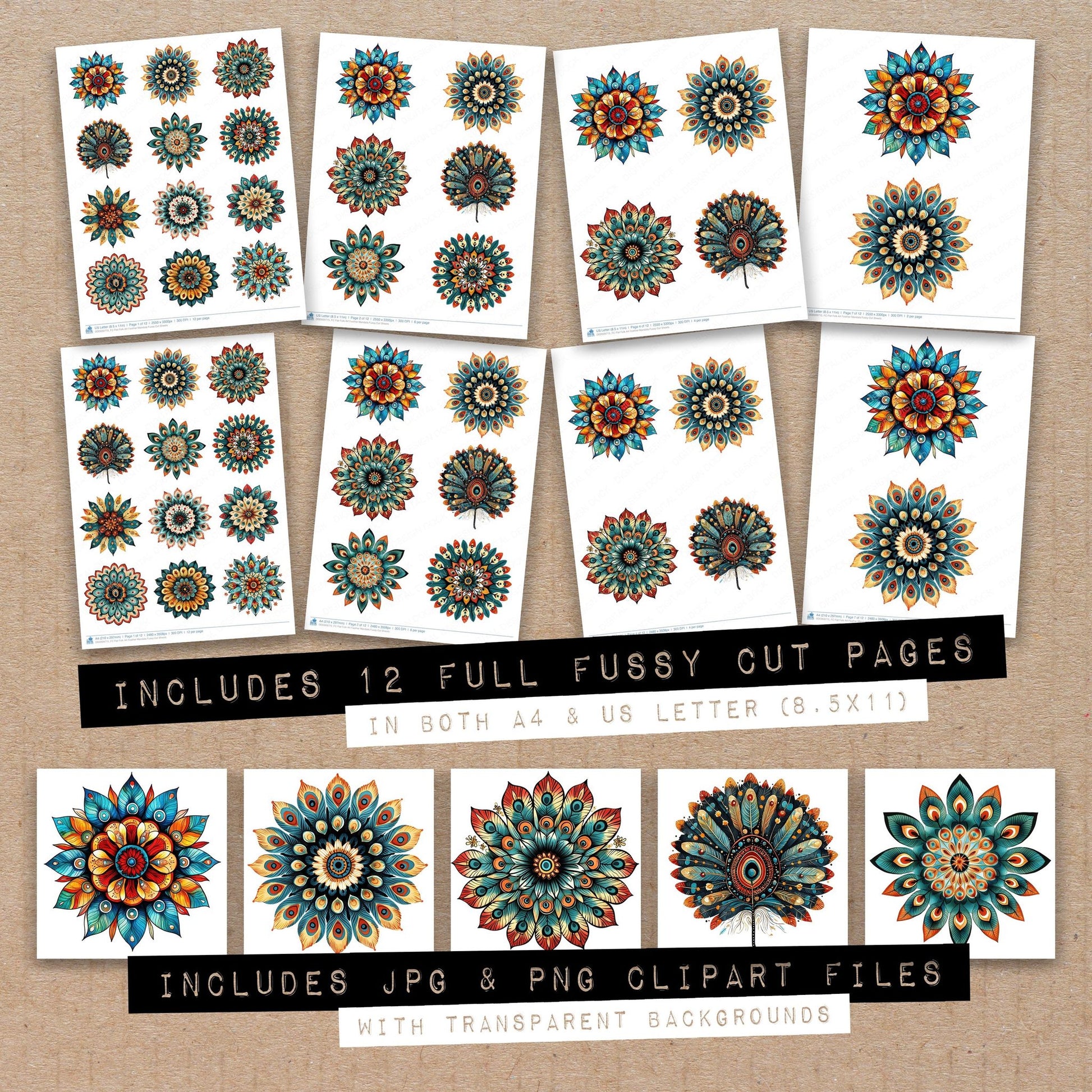 Full collection view of Flat Folk Art Feather Mandala fussy cut sheets with bonus clipart JPG and PNG files