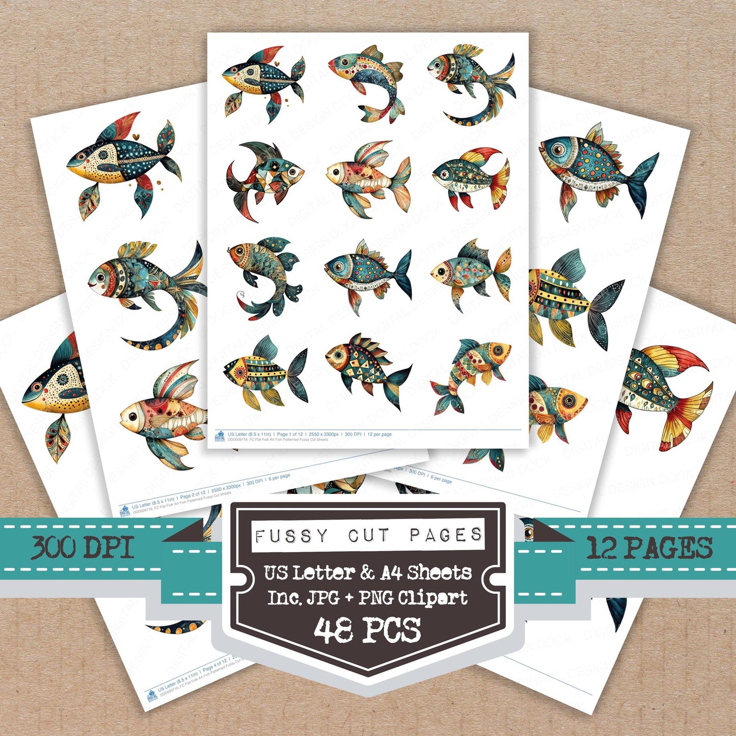 Flat Folk Art Fish Patterned fussy cut printable sheets for junk journaling, scrapbooking, and paper craft projects