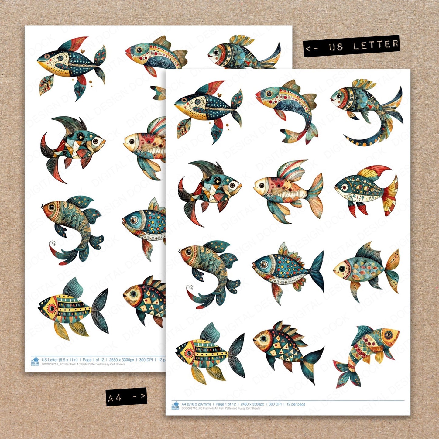 A4 and US Letter format comparison showing Flat Folk Art Fish Patterned fussy cut pages for print and cut crafting