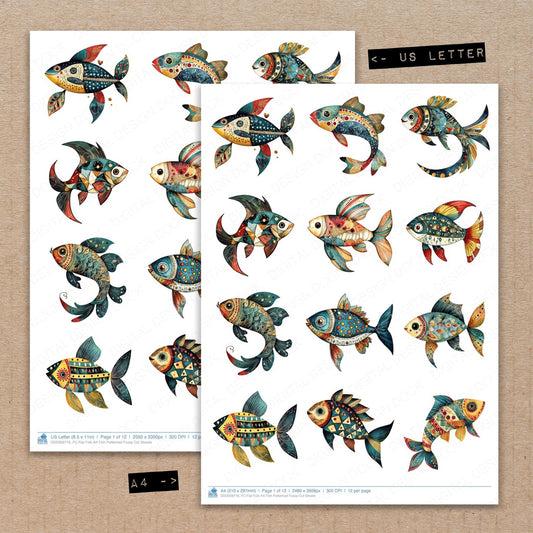 A4 and US Letter format comparison showing Flat Folk Art Fish Patterned fussy cut pages for print and cut crafting