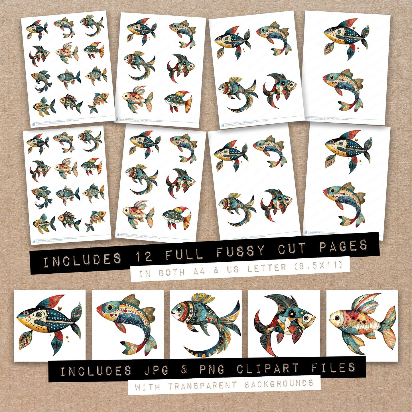 Full collection view of Flat Folk Art Fish Patterned fussy cut sheets with bonus clipart JPG and PNG files
