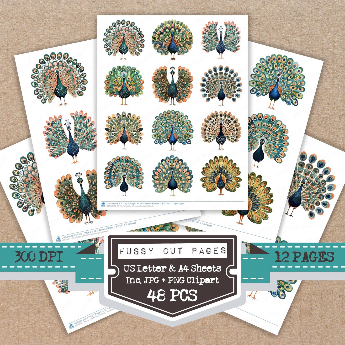Flat Folk Art Front Peacock fussy cut printable sheets for junk journaling, scrapbooking, and paper craft projects