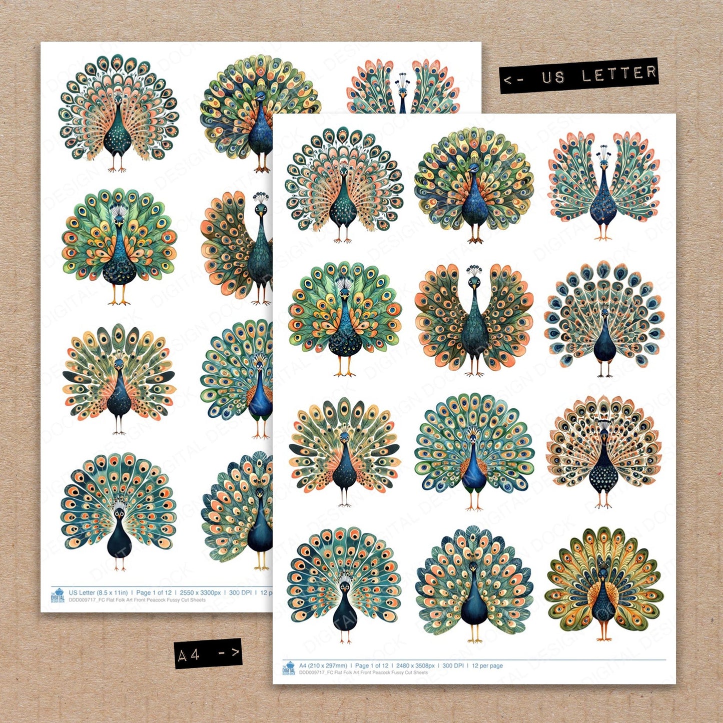 A4 and US Letter format comparison showing Flat Folk Art Front Peacock fussy cut pages for print and cut crafting