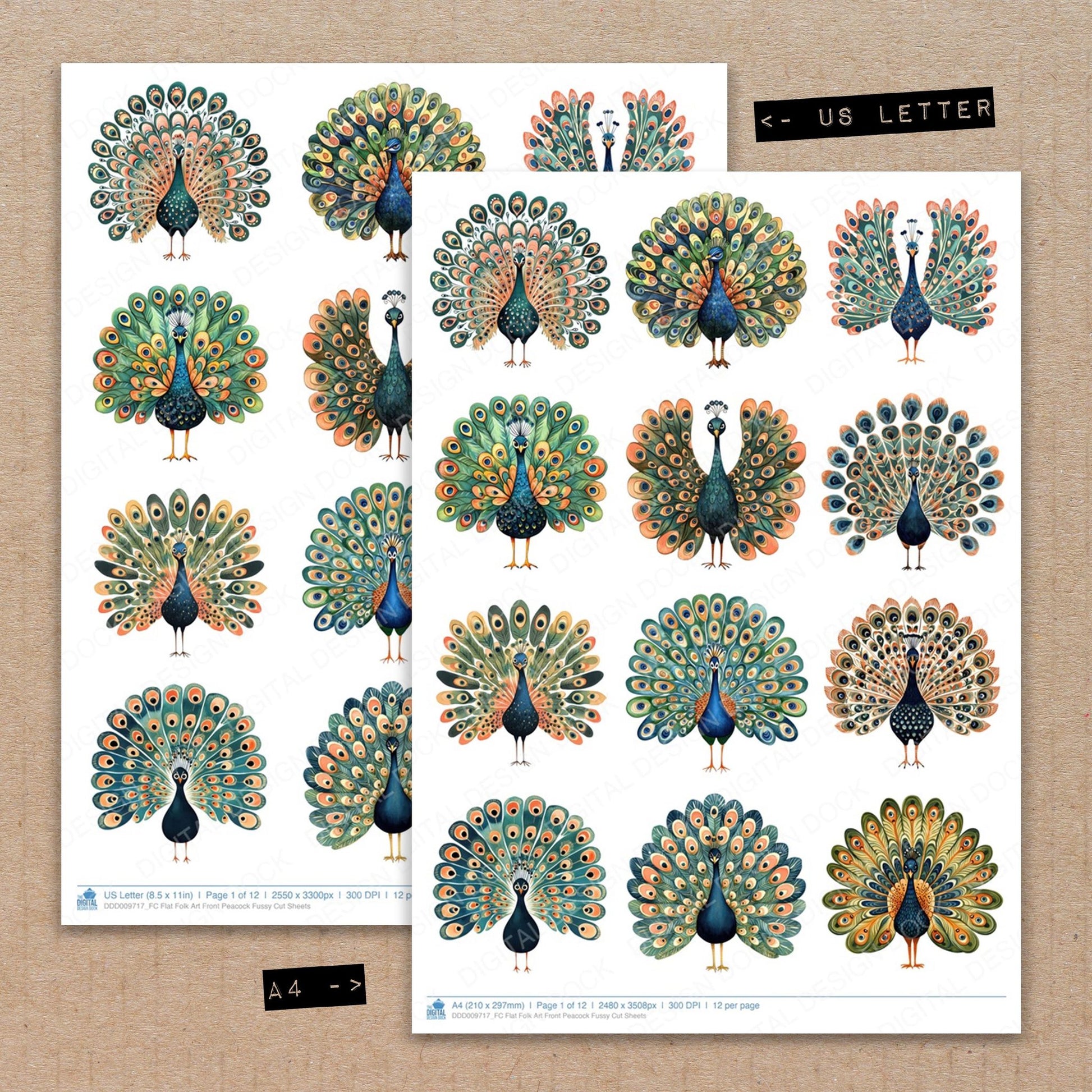 A4 and US Letter format comparison showing Flat Folk Art Front Peacock fussy cut pages for print and cut crafting
