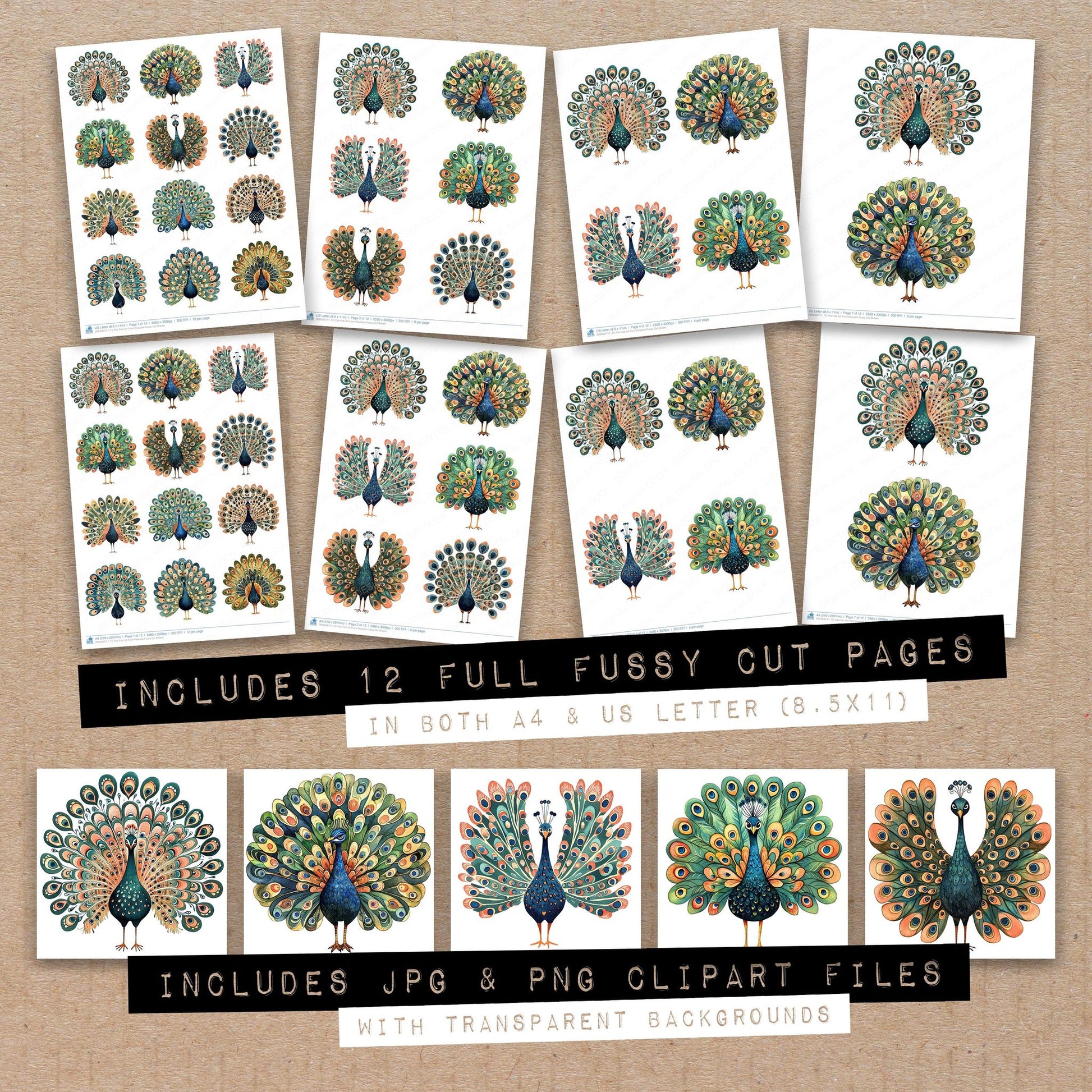 Full collection view of Flat Folk Art Front Peacock fussy cut sheets with bonus clipart JPG and PNG files